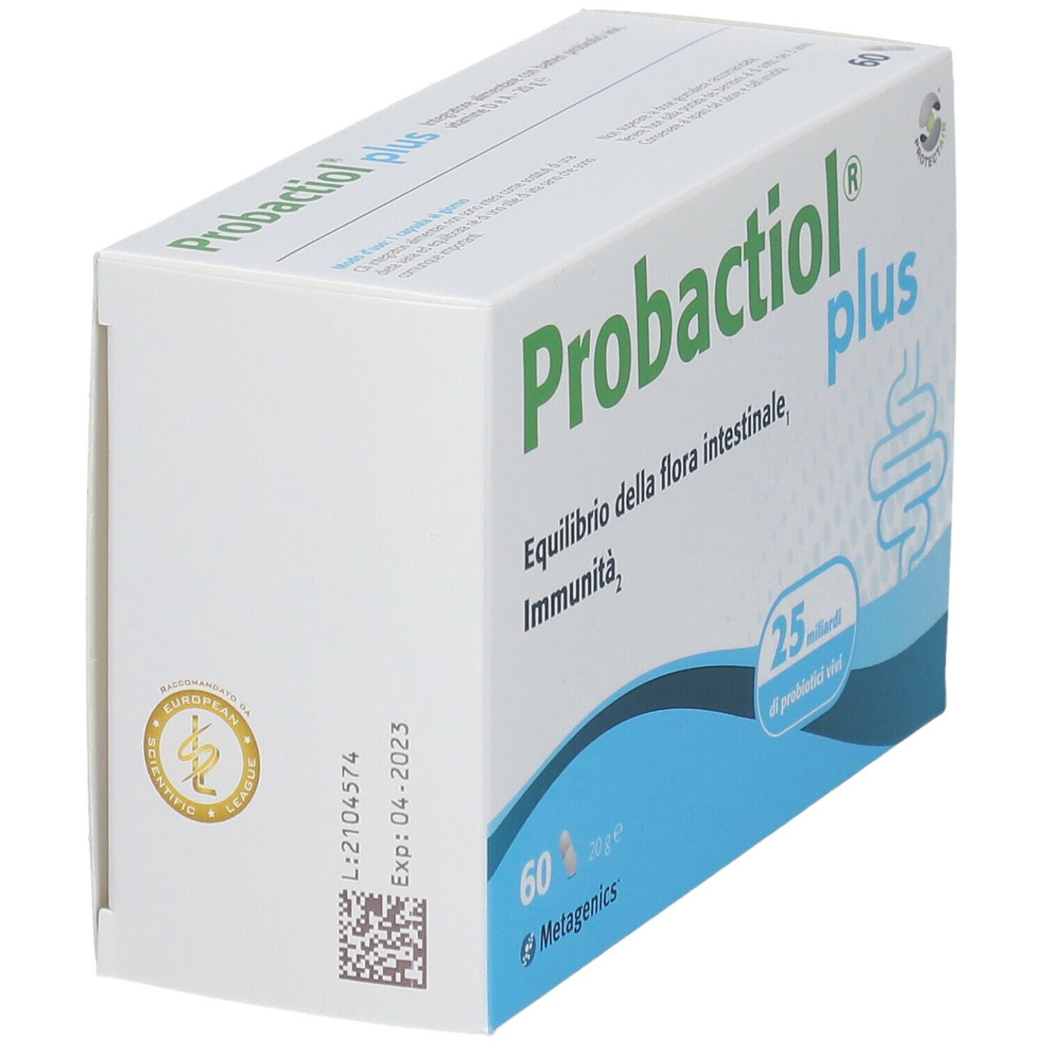 Scatola "Probactiol plus" con 60 capsule. Logo e testo su sfondo bianco. Stampa: Durata fino al 04-2023. Con codice QR.