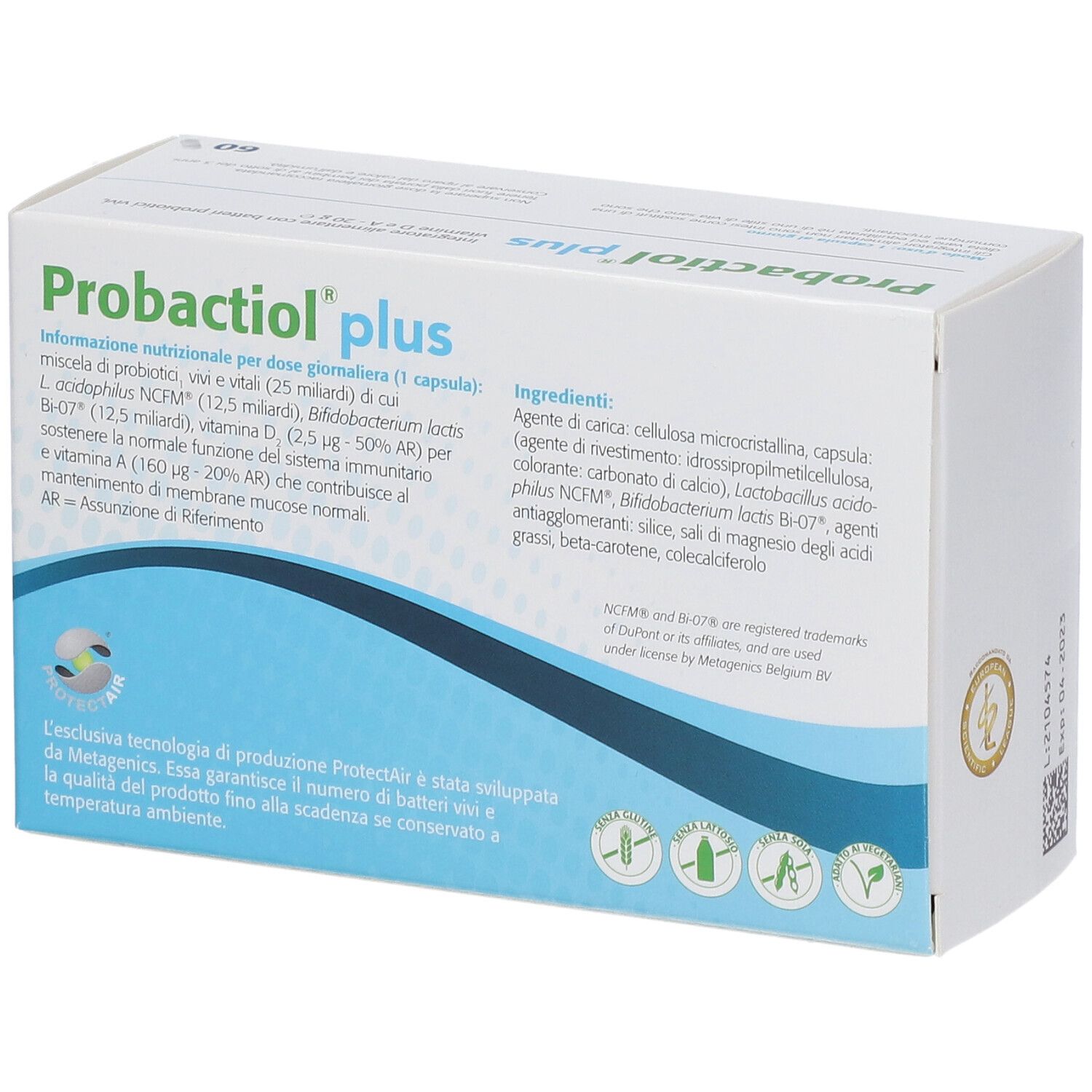 Scatola "Probactiol plus". Contiene informazioni sugli ingredienti e il valore nutrizionale. Testo su sfondo bianco. Con logo e illustrazioni.