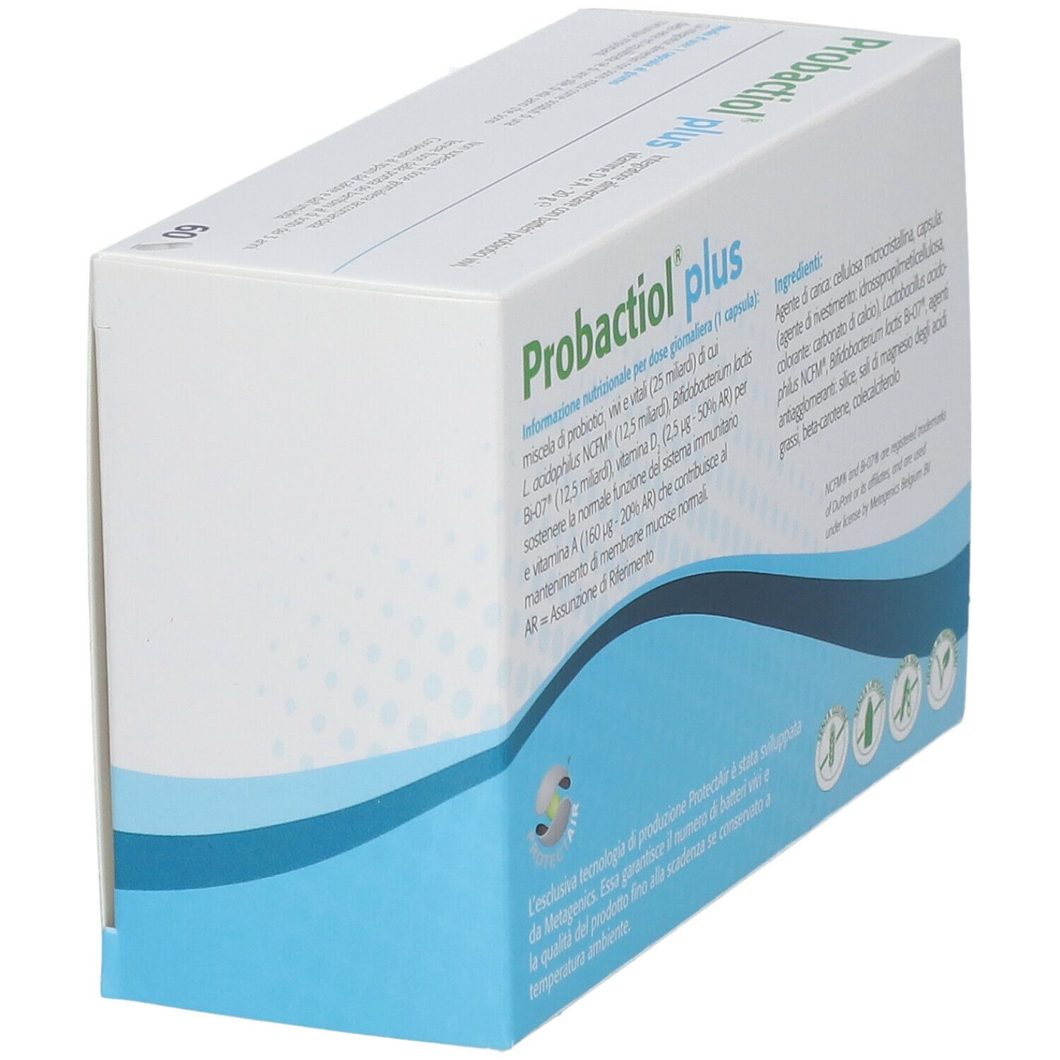 Scatola "Probactiol plus" con informazioni sugli ingredienti. Testo su sfondo bianco e blu. Con logo e illustrazioni. Contiene 60 capsule.
