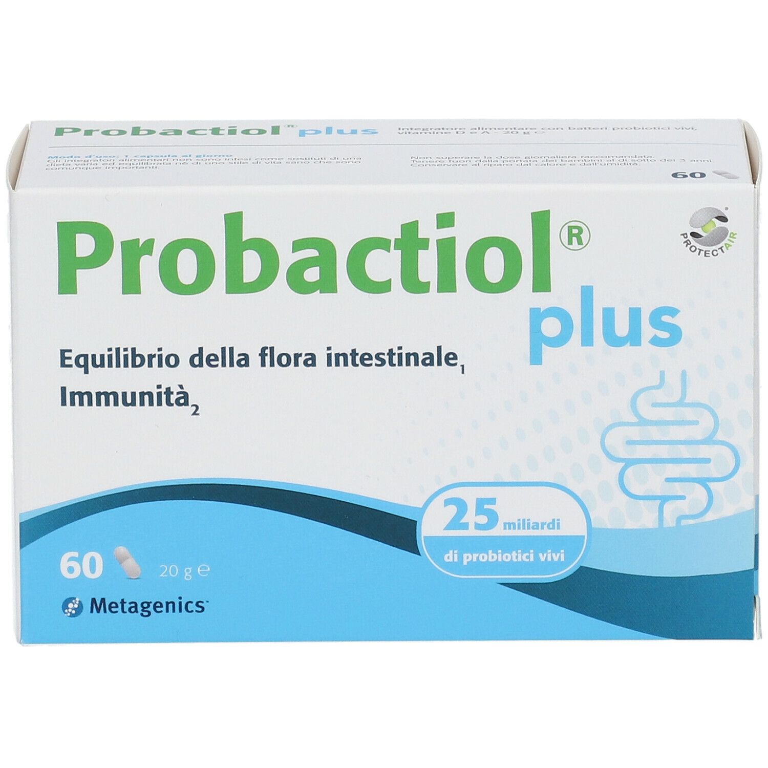 Scatola bianca "Probactiol plus" con 60 capsule. Design blu e bianco. Testo: Equilibrio della flora intestinale, Immunità. 25 miliardi.
