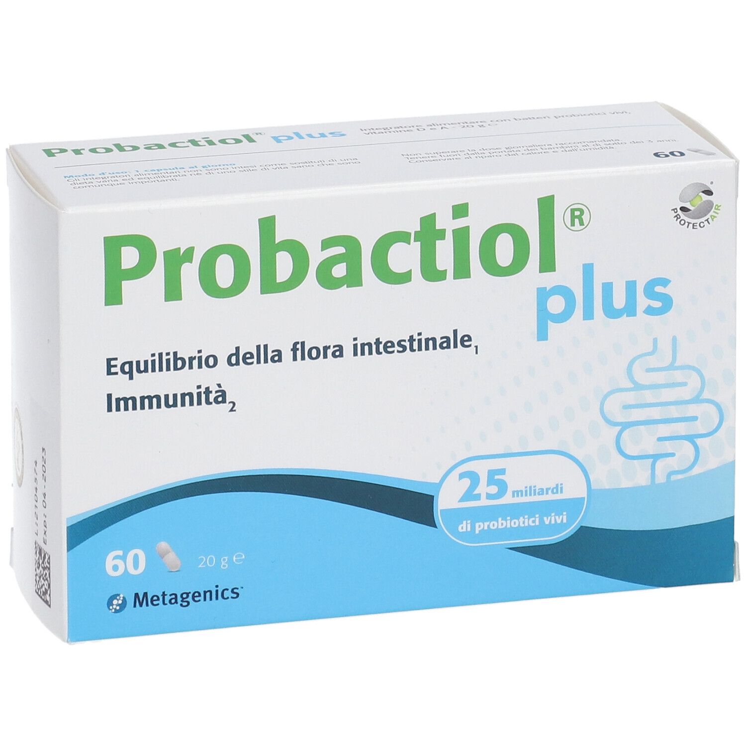 Scatola bianca "Probactiol plus" con 60 capsule. Design blu e bianco. Testo: Equilibrio della flora intestinale, Immunità. 25 miliardi.