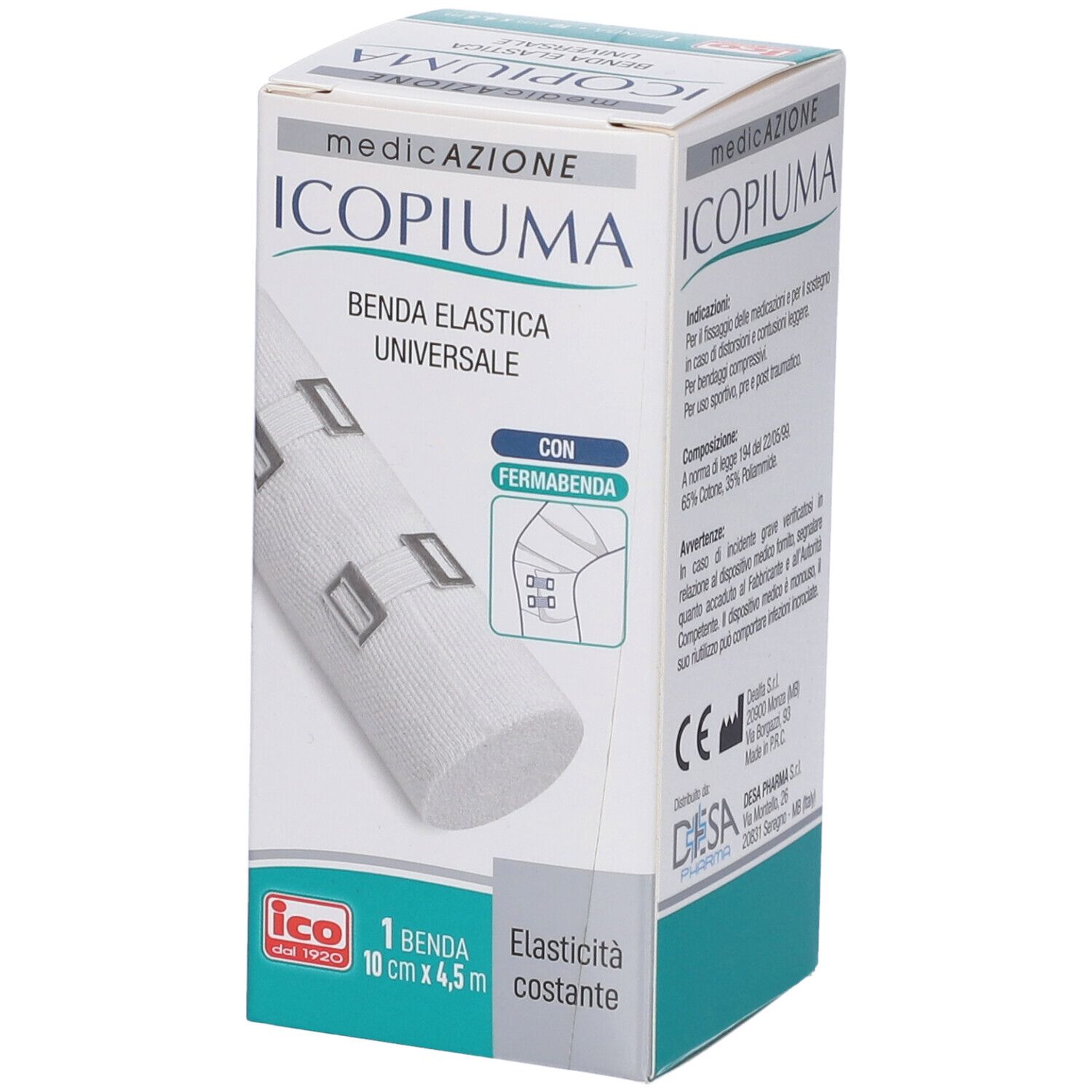 Verpackung mit weißer elastischer Binde. Aufschrift: Icopiuma, Benda Elastica Universale, mit Verschluss. Marke: ico.