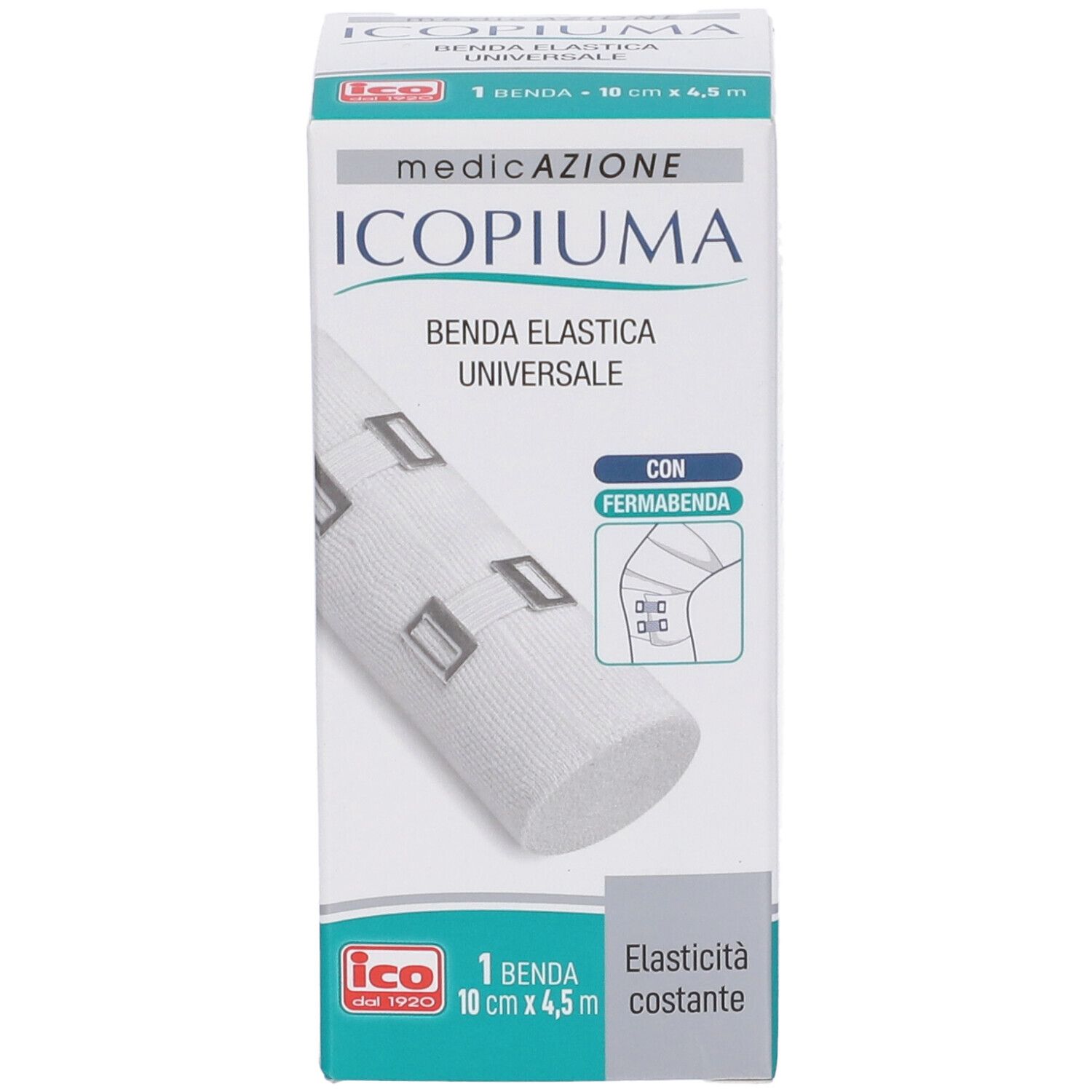 Verpackung mit weißer elastischer Binde. Aufschrift: Icopiuma, Benda Elastica Universale, mit Verschluss. Größe: 10 cm x 4,5 m.