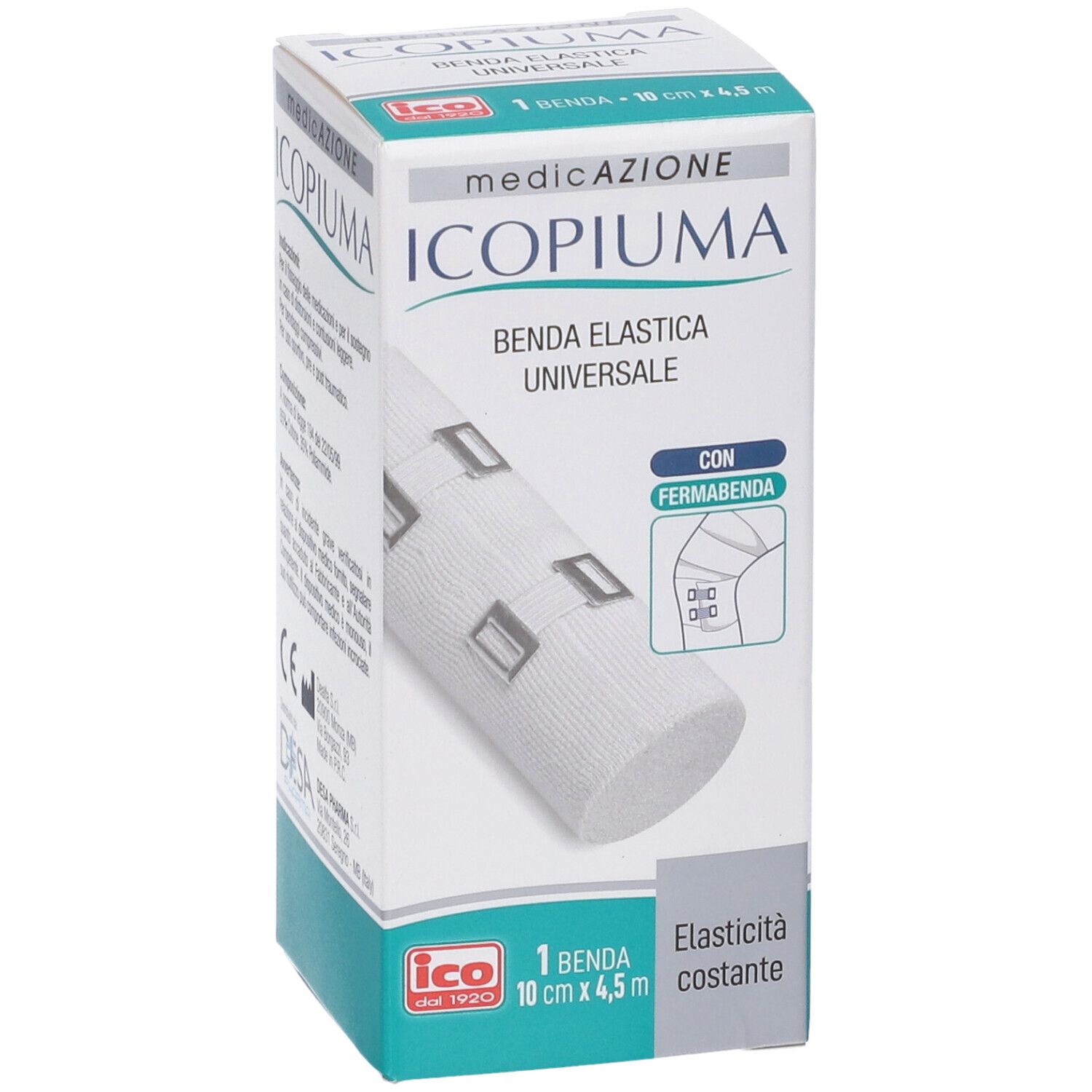 Verpackung mit weißer elastischer Binde. Aufschrift: Icopiuma, Benda Elastica Universale, mit Verschluss. Größe: 10 cm x 4,5 m.