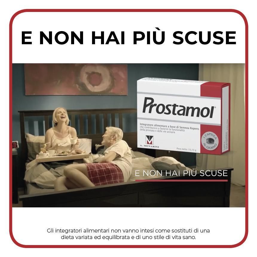 Paar im Bett. Auf dem Nachttisch: Prostamol-Schachtel. Text: Und du hast keine Ausreden mehr.