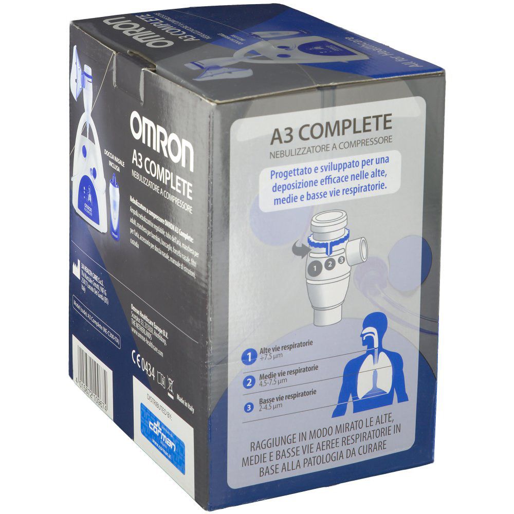 OMRON A3 COMPLETE Verpackung. Box mit Produktabbildung und Text. Blaue und weiße Farbtöne. Produktmerkmale und Icons.