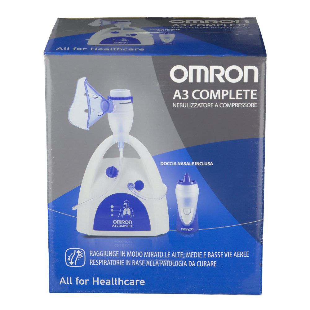 OMRON A3 COMPLETE Nebulizzatore e Doccia Nasale. Produktverpackung. Box mit Produktabbildung und Text. Blaue und weiße Farbtöne.