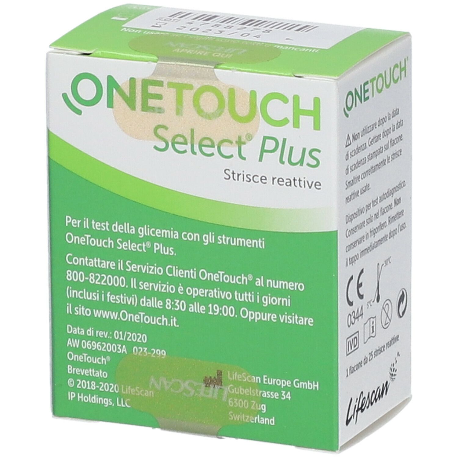 Confezione di strisce reattive OneTouch Select Plus. Informazioni sul prodotto e contatti.