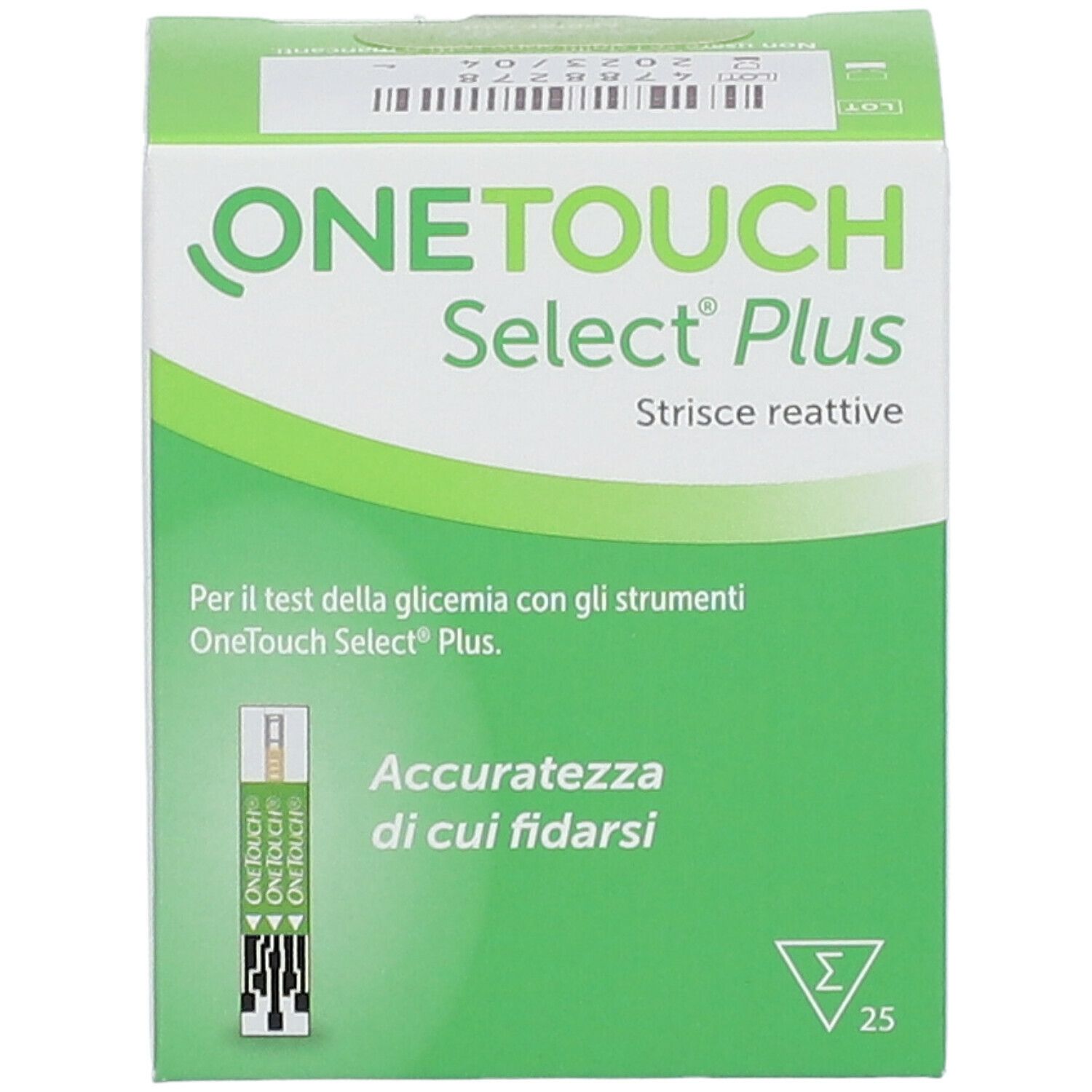 Confezione di strisce reattive OneTouch Select Plus. Scatola verde e bianca con nome prodotto e immagine strisce.