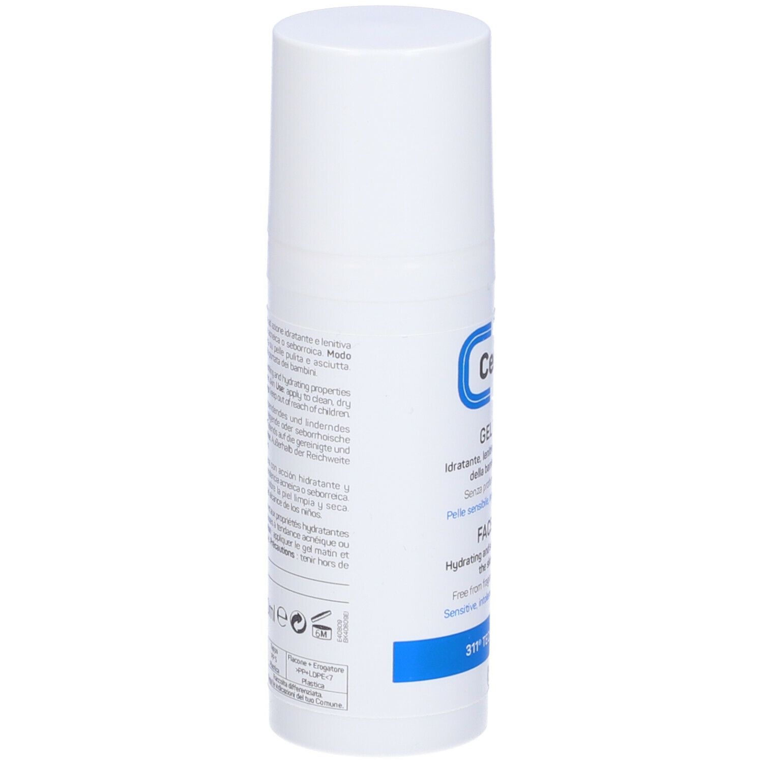 Weiße Flasche, Seitenansicht. Text: Ceramol 311, Gel Viso/Face Gel. Für empfindliche Haut. Inhaltsstoffe.