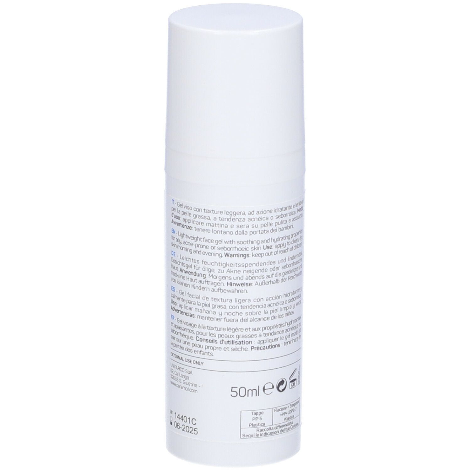 Weiße Flasche, Rückseite. Text: Ceramol 311, Gel Viso/Face Gel. 50ml. Warnhinweise. Haltbarkeit.