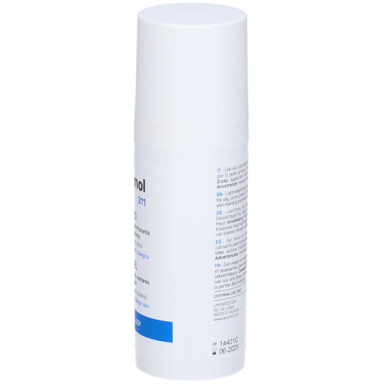 Weiße Flasche, Seitenansicht. Text: Ceramol 311, Gel Viso/Face Gel. Für empfindliche Haut. Chargennummer.
