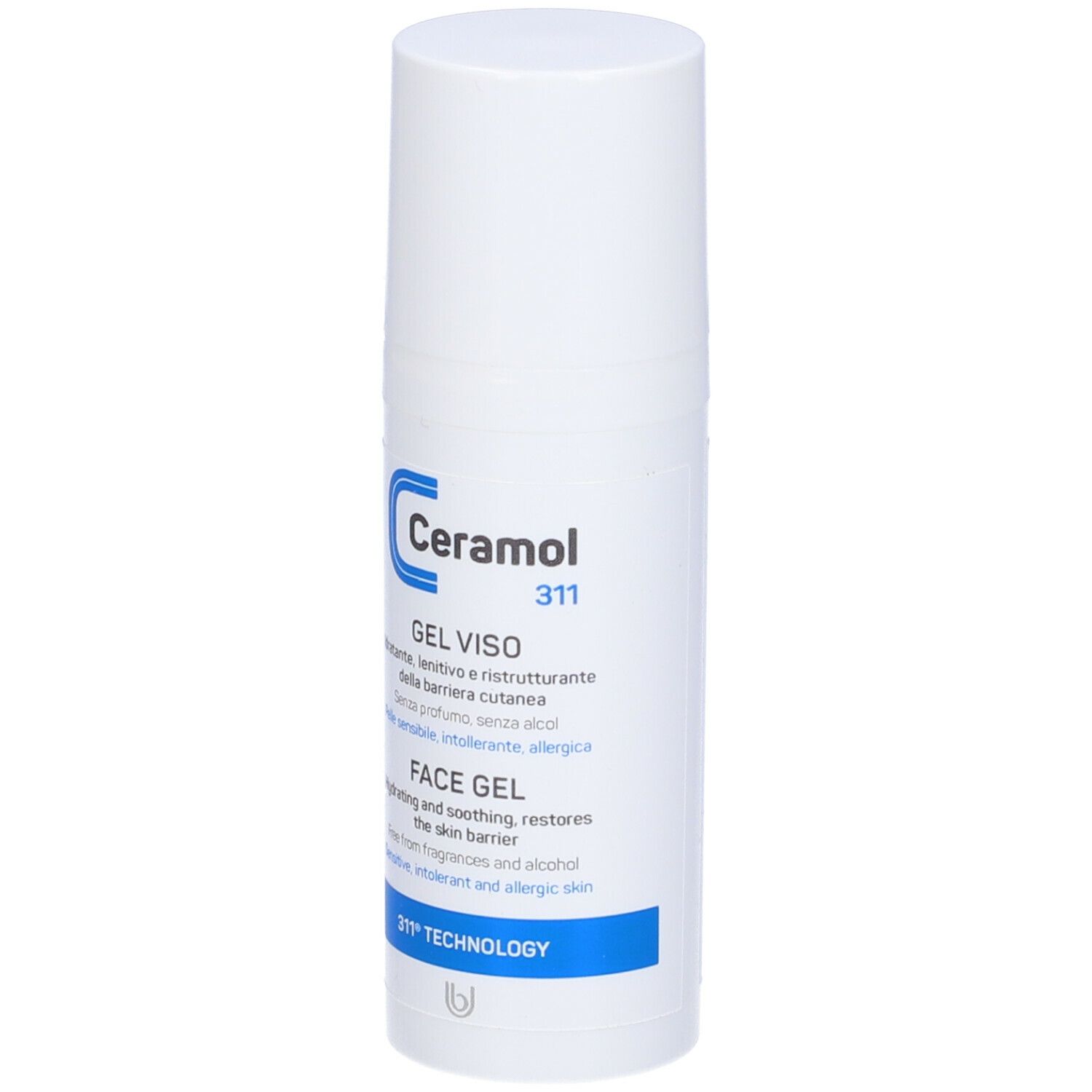 Weiße Flasche mit blauem Etikett. Text: Ceramol 311, Gel Viso/Face Gel. Für empfindliche, intolerante Haut.