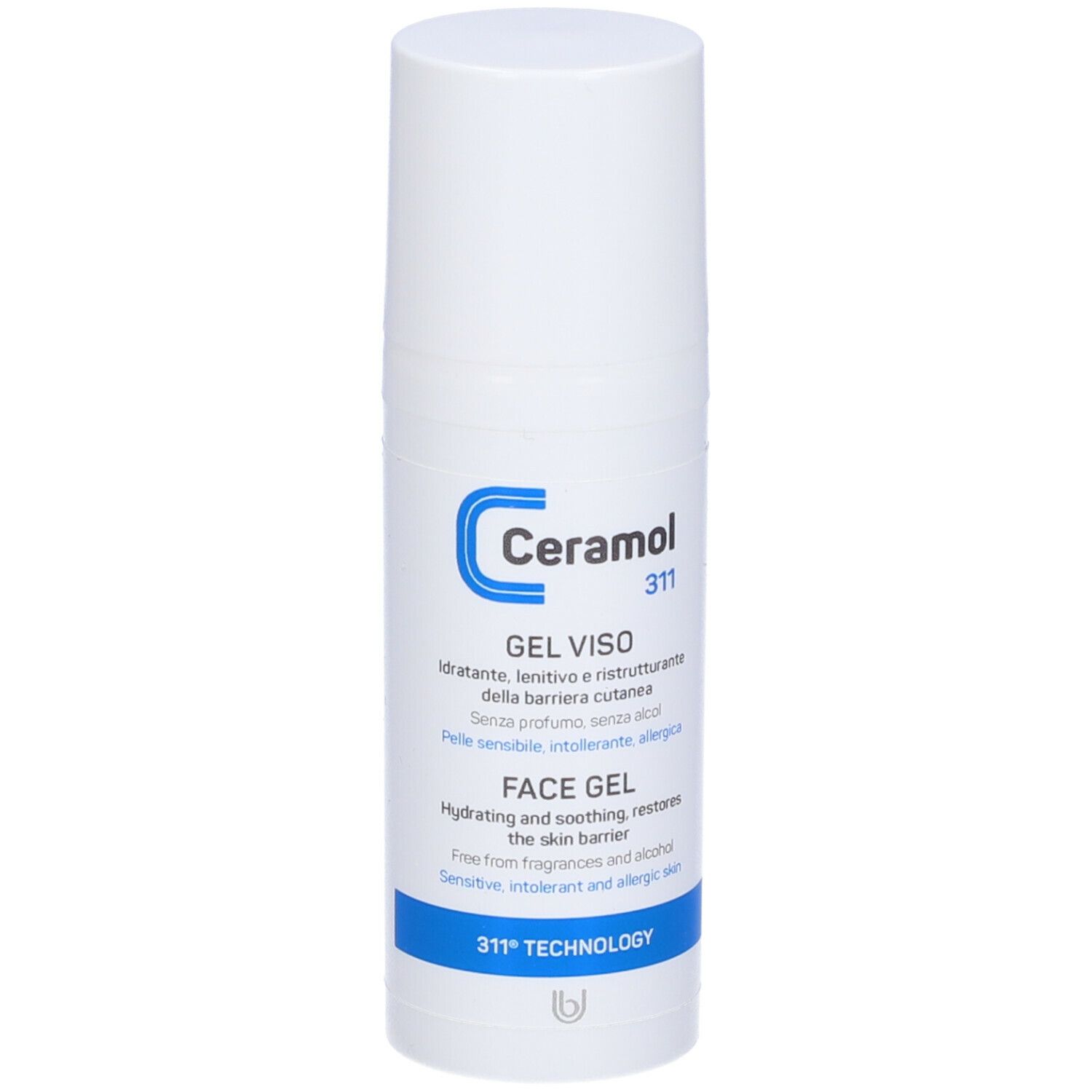 Weiße Flasche mit blauem Etikett. Text: Ceramol 311, Gel Viso/Face Gel. Für empfindliche, intolerante Haut.