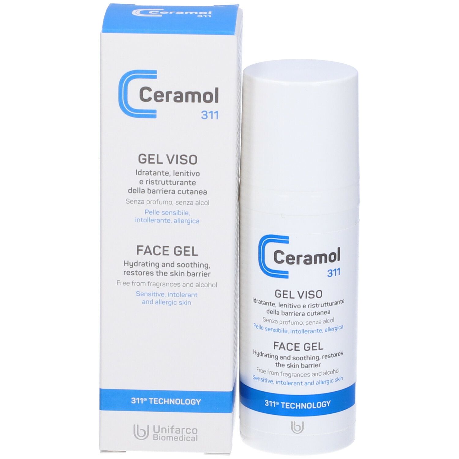 Produktverpackung und Flasche. Text: Ceramol 311, Gel Viso/Face Gel. Für empfindliche Haut. Unifarco.