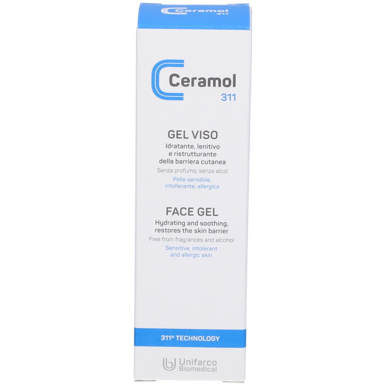 Produktverpackung. Text: Ceramol 311, Gel Viso/Face Gel. Für empfindliche Haut. Unifarco.