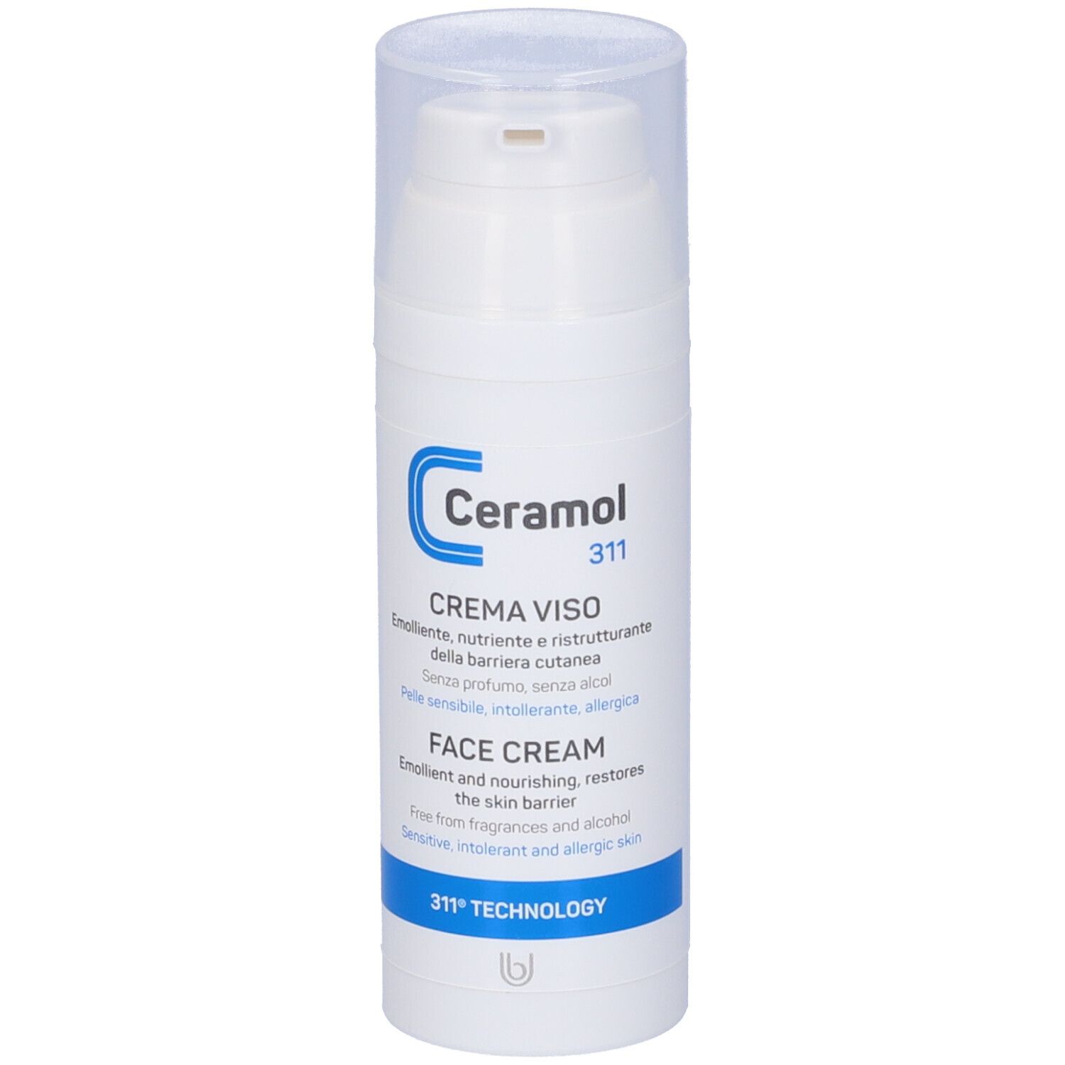 Flacone bianco Ceramol 311 Crema Viso con dosatore a pompa. Scritte blu e bianche. Testo: FACE CREAM.