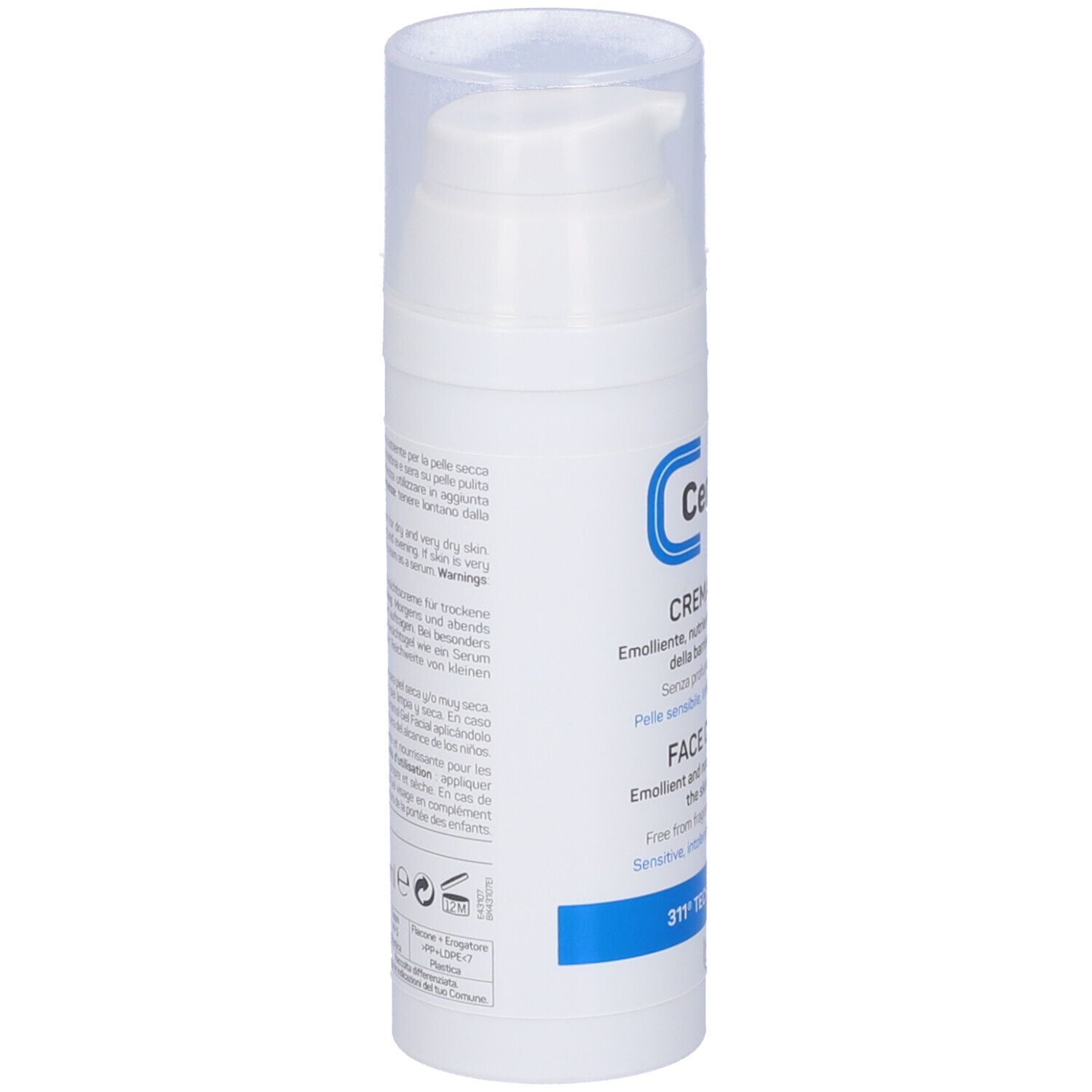 Flacone bianco Ceramol 311 Crema Viso con dosatore a pompa. Retro con testo. Scritte blu e bianche.