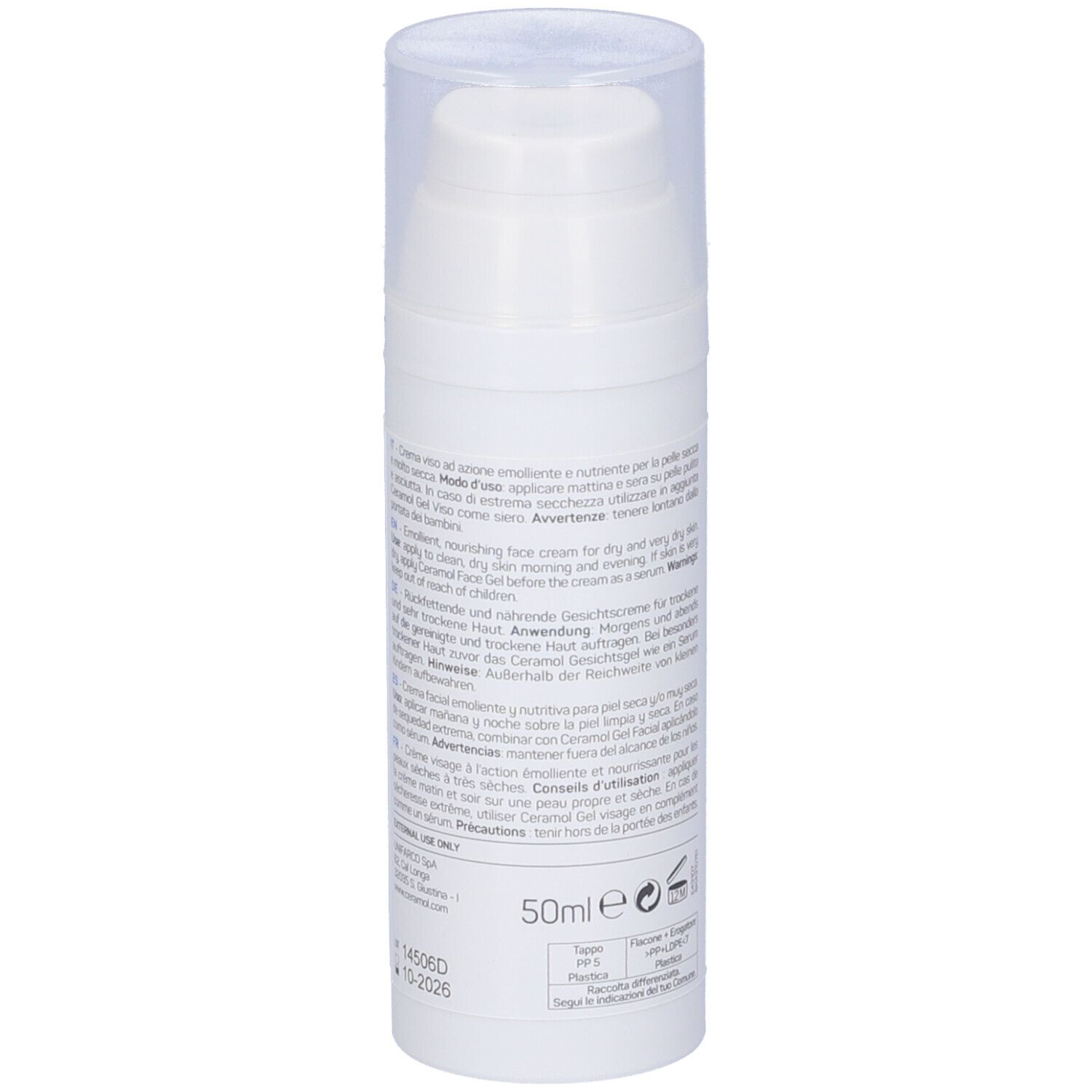 Flacone bianco Ceramol 311 Crema Viso con dosatore a pompa. Retro con testo e 50ml. Scritte blu e bianche.