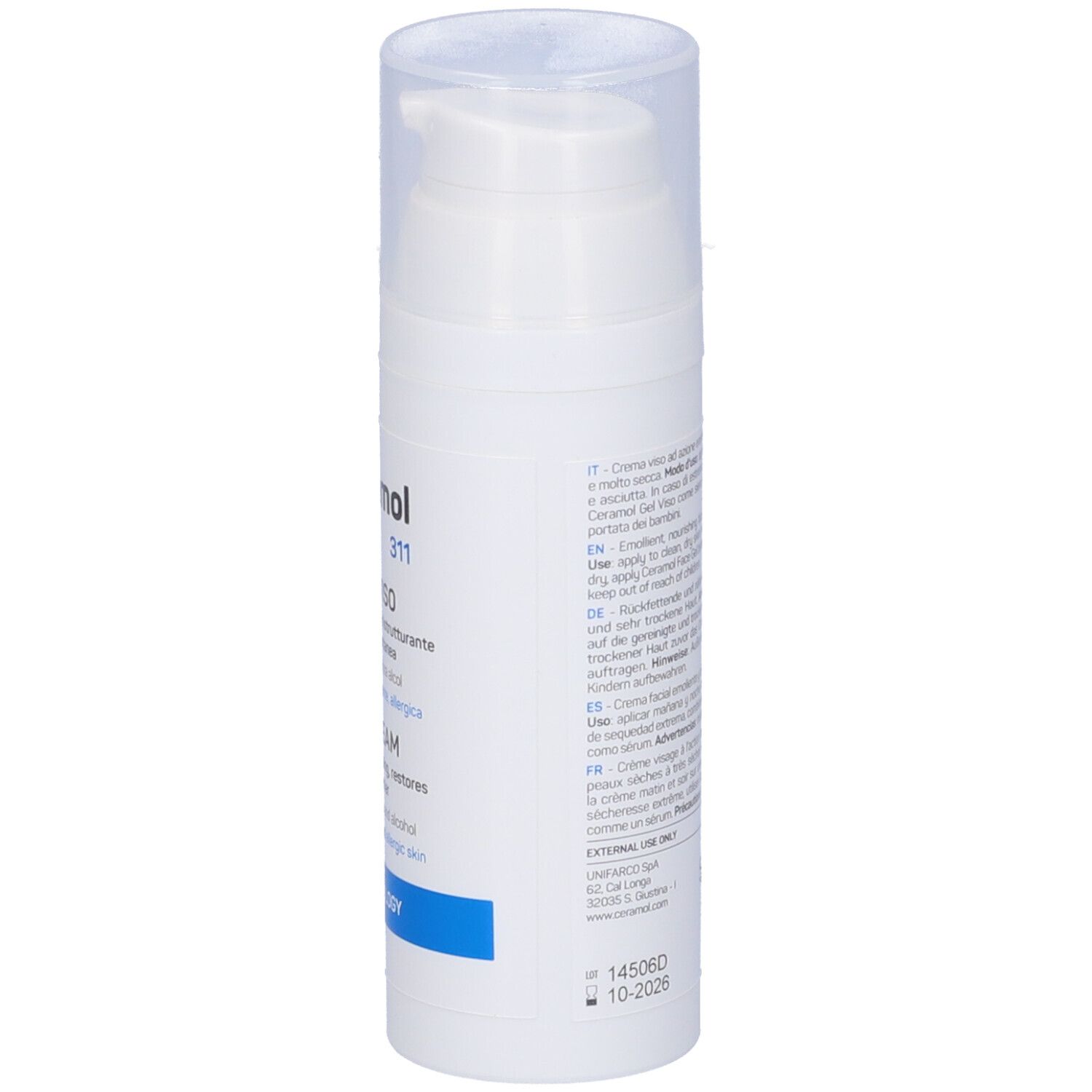 Flacone bianco Ceramol 311 Crema Viso con dosatore a pompa. Retro con testo. Scritte blu e bianche.