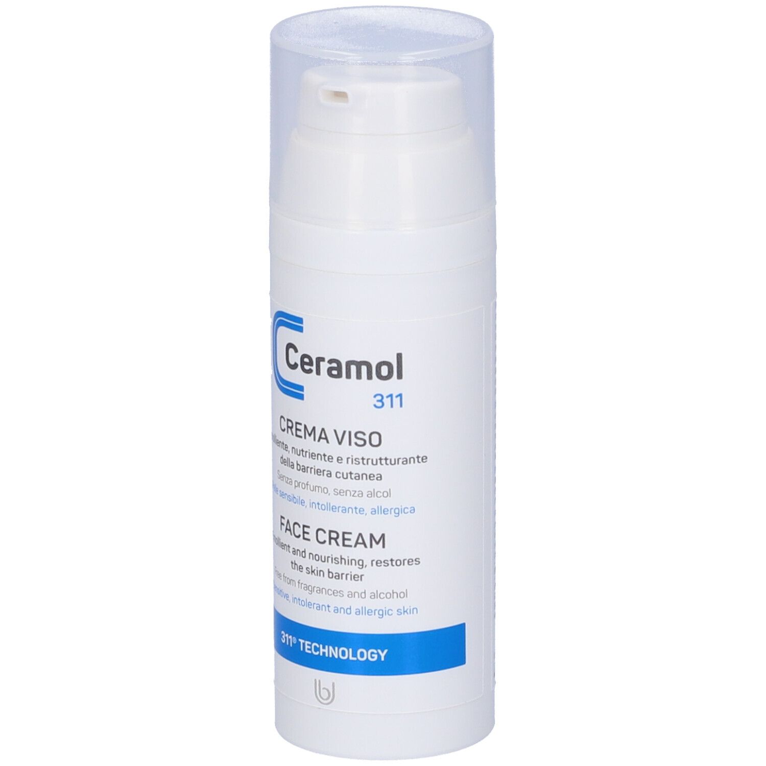 Flacone bianco Ceramol 311 Crema Viso con dosatore a pompa. Scritte blu e bianche. Testo: FACE CREAM.