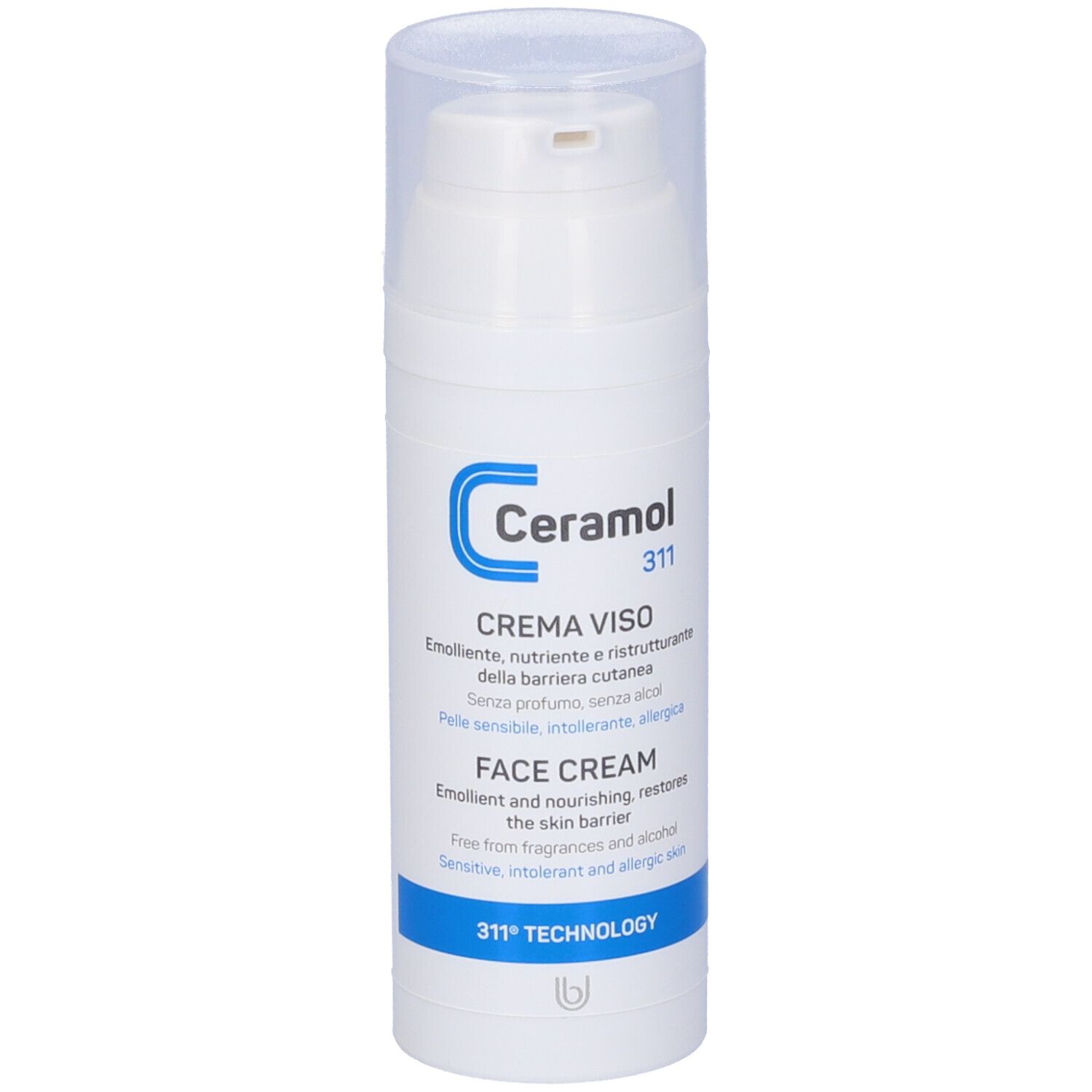 Flacone bianco Ceramol 311 Crema Viso con dosatore a pompa. Scritte blu e bianche. Testo: FACE CREAM.