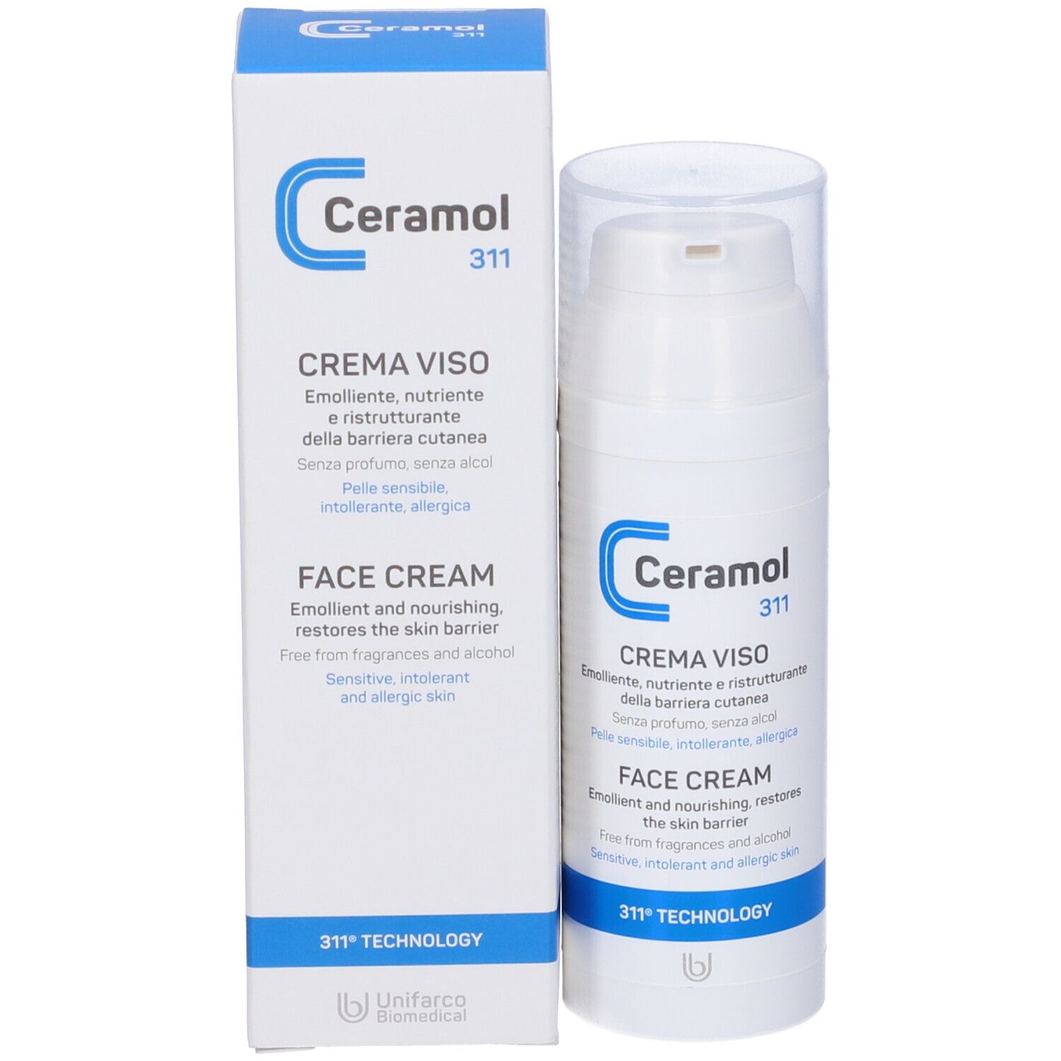 Ceramol 311 Crema Viso e confezione. Flacone bianco con dosatore a pompa e confezione blu. Testo: FACE CREAM.