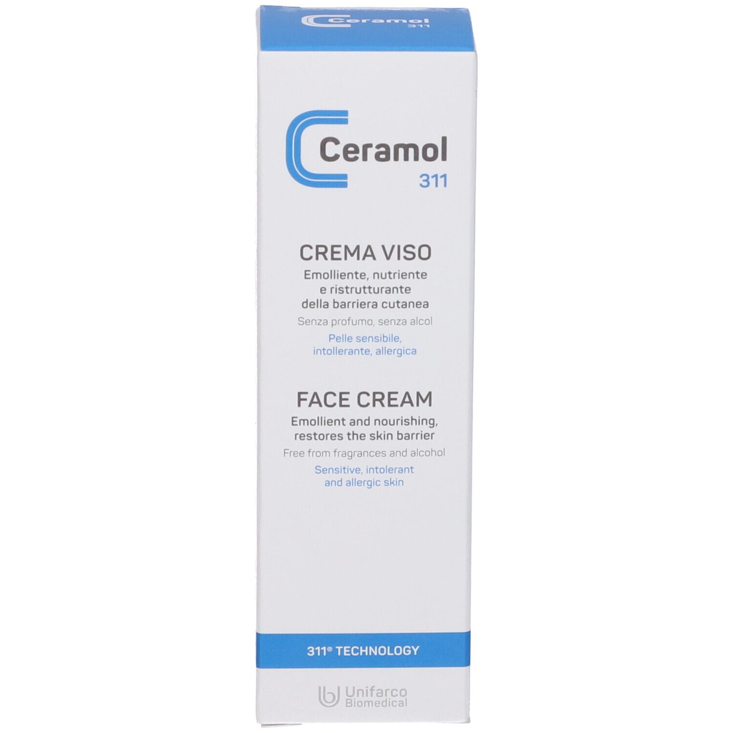 Confezione blu Ceramol 311 Crema Viso. Testo: FACE CREAM. Sfondo bianco.