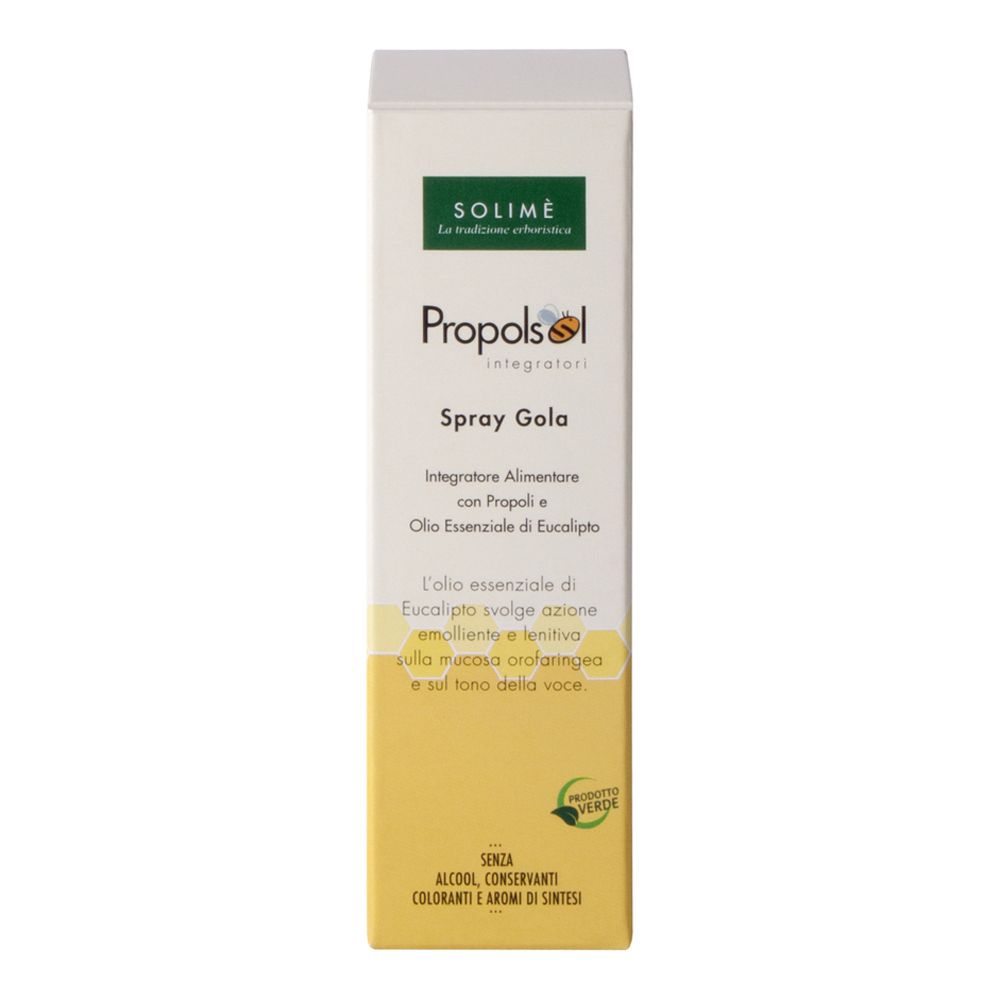 Solimé Propolsol Spray Gola, spray per la gola con propoli e olio di eucalipto.