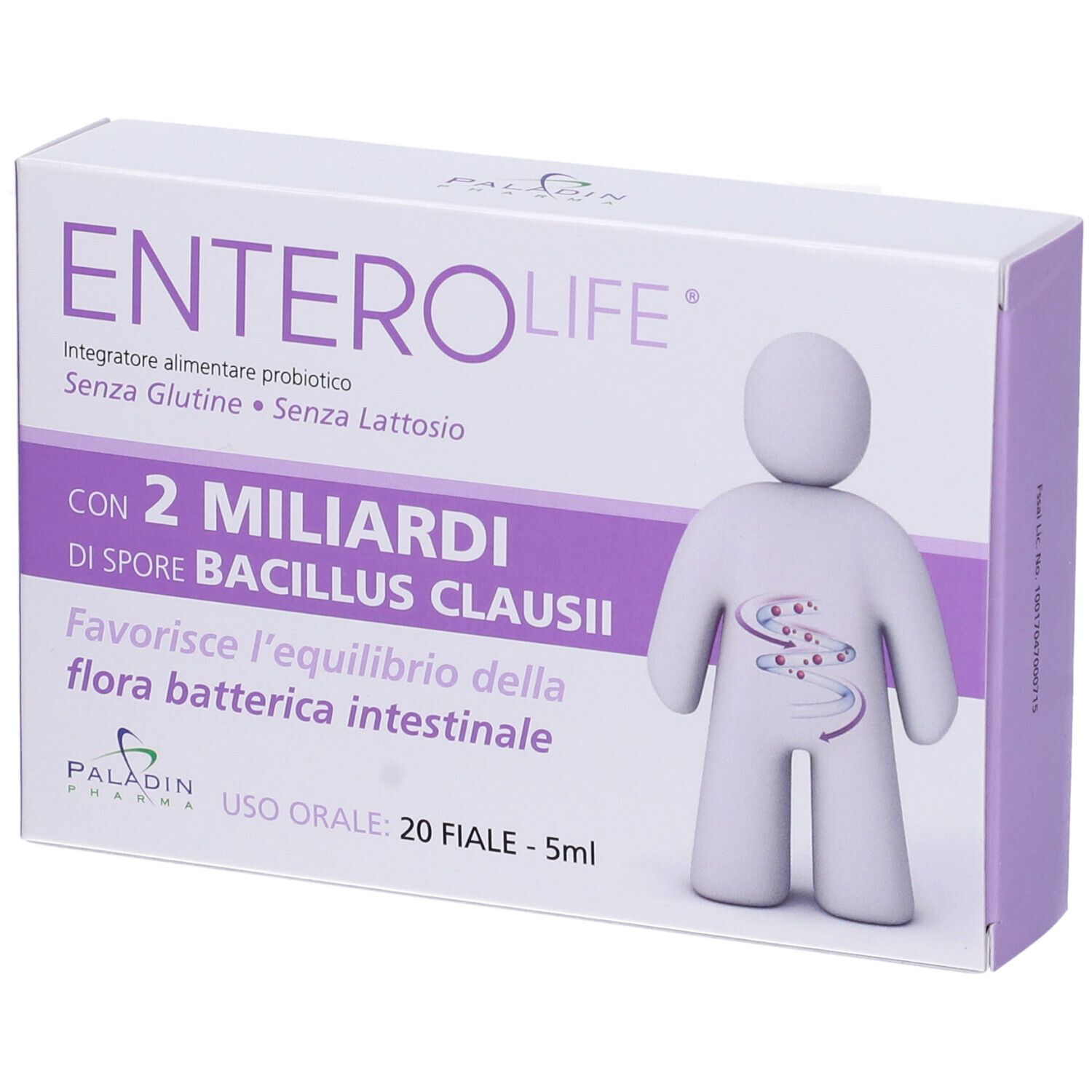 Confezione di Enterolife 2 Miliardi Fiale. Contiene 2 miliardi di spore di Bacillus Clausii. 20 fiale. Paladin Pharma. Senza glutine e lattosio.