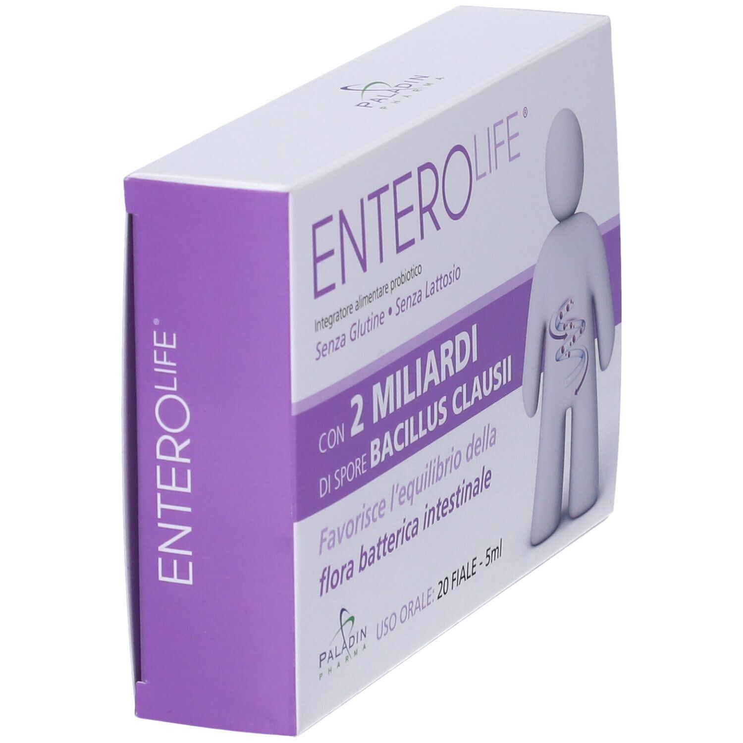 Confezione Enterolife 2 Miliardi Fiale, angolata. Contiene 2 miliardi di spore di Bacillus Clausii. 20 fiale. Paladin Pharma. Senza glutine e lattosio.