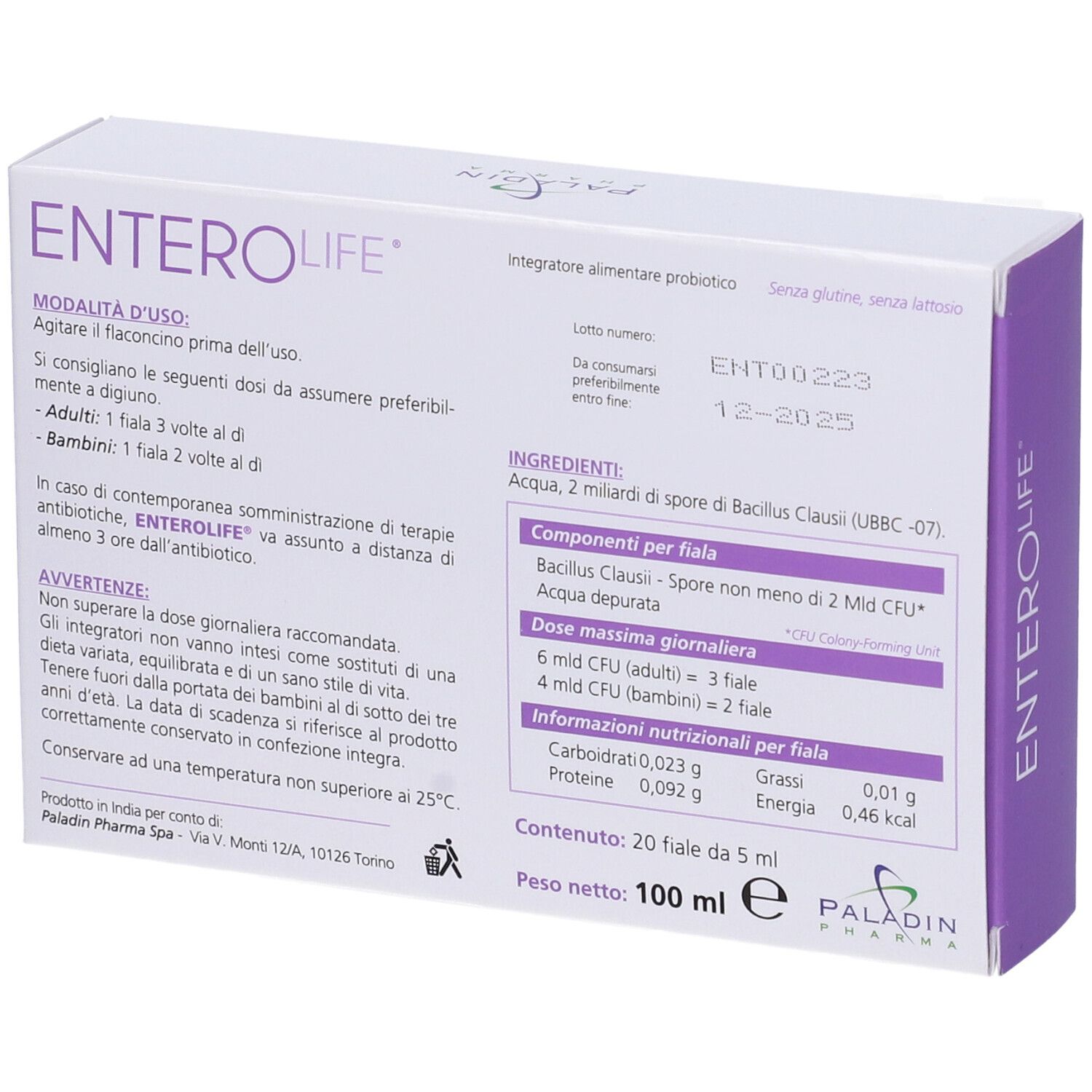 Retro della confezione Enterolife 2 Miliardi Fiale. Contiene informazioni su ingredienti, dosaggio e valori nutrizionali. Paladin Pharma.