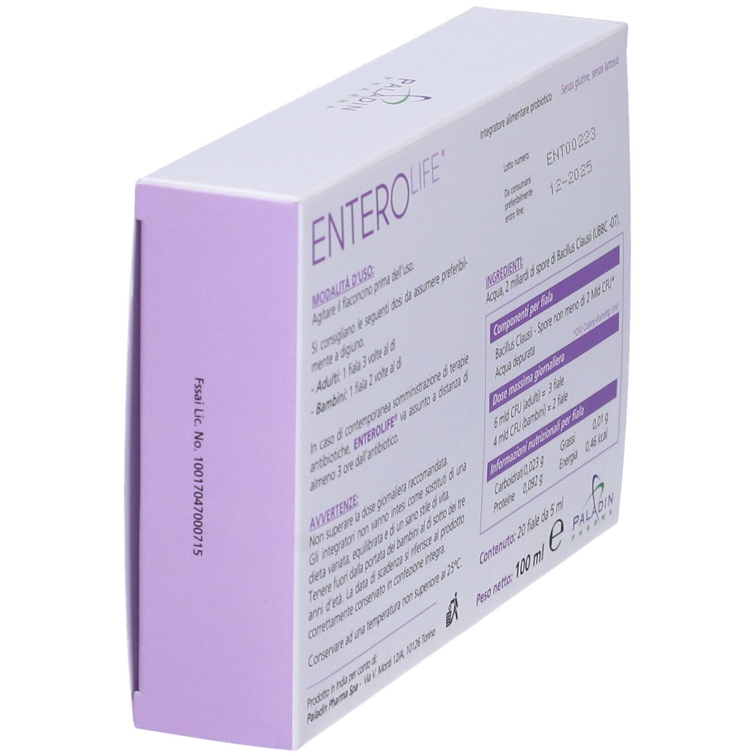 Vista angolata del retro della confezione Enterolife 2 Miliardi Fiale. Informazioni su ingredienti, dosaggio e valori nutrizionali. Paladin Pharma.