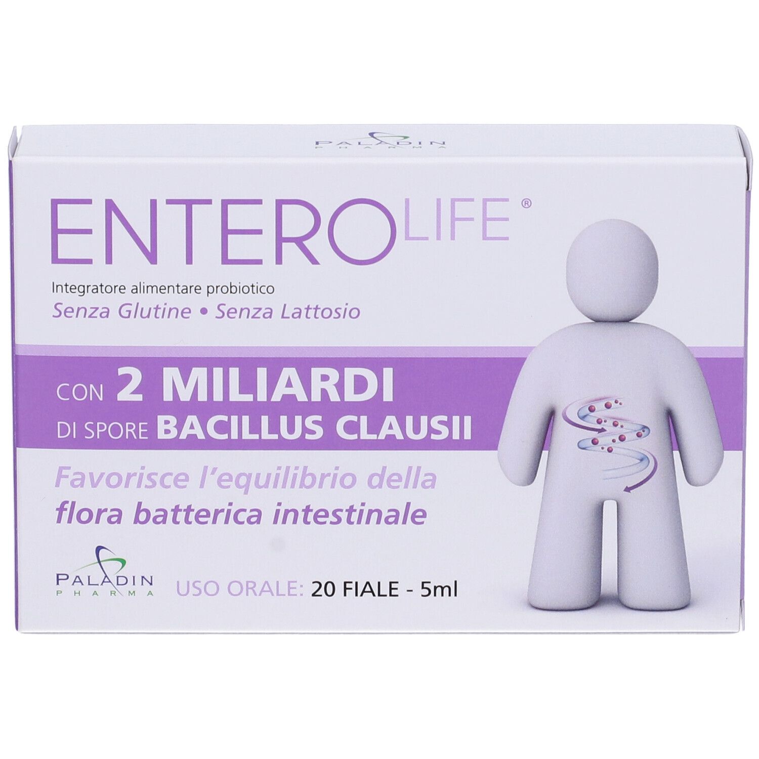 Confezione di Enterolife 2 Miliardi Fiale. Contiene 2 miliardi di spore di Bacillus Clausii. 20 fiale. Paladin Pharma. Senza glutine e lattosio.