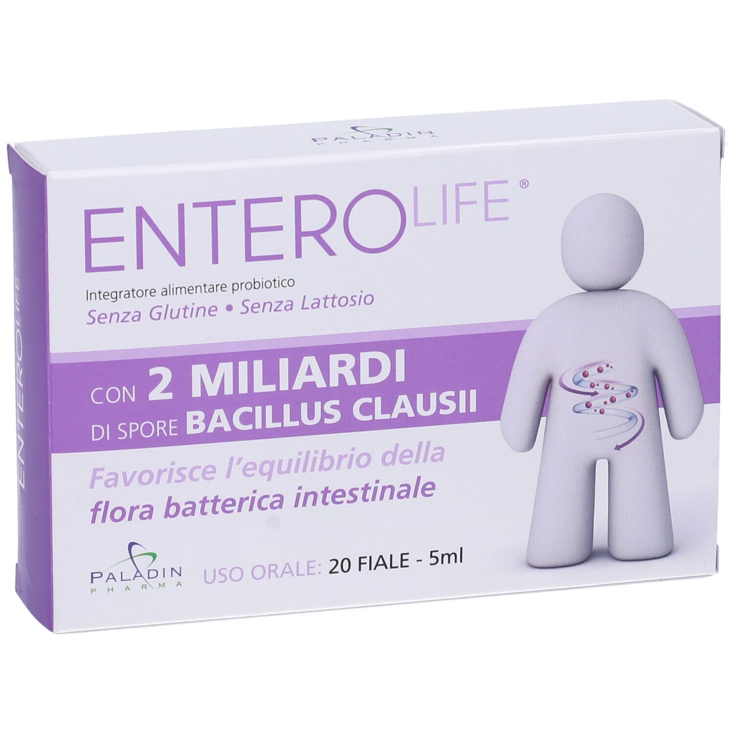 Confezione di Enterolife 2 Miliardi Fiale. Contiene 2 miliardi di spore di Bacillus Clausii. 20 fiale. Paladin Pharma. Senza glutine e lattosio.