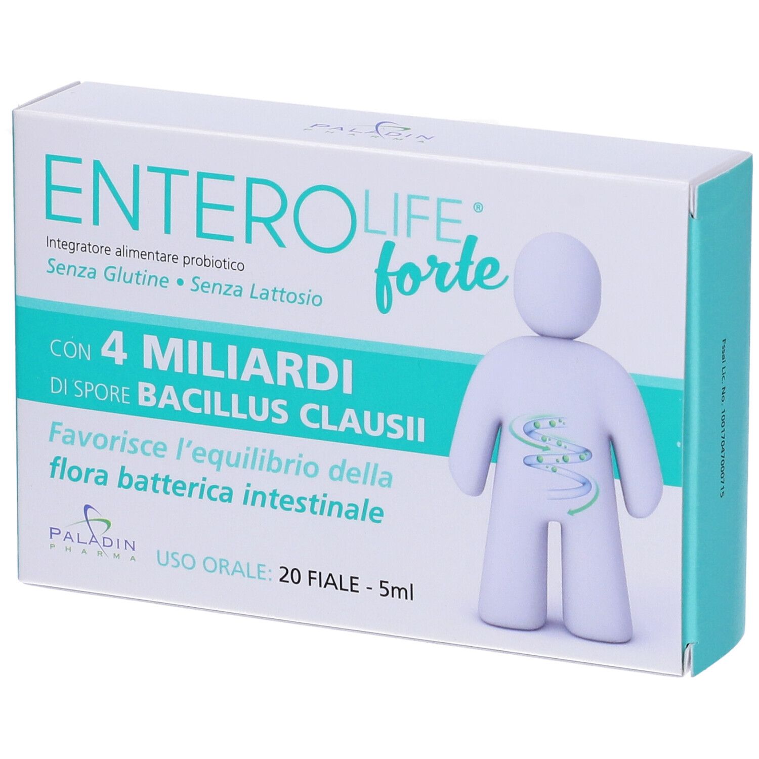 Confezione di ENTEROLIFE forte. Contiene 20 fiale. Scritta: 4 miliardi di spore di Bacillus Clausii. Senza glutine e lattosio.