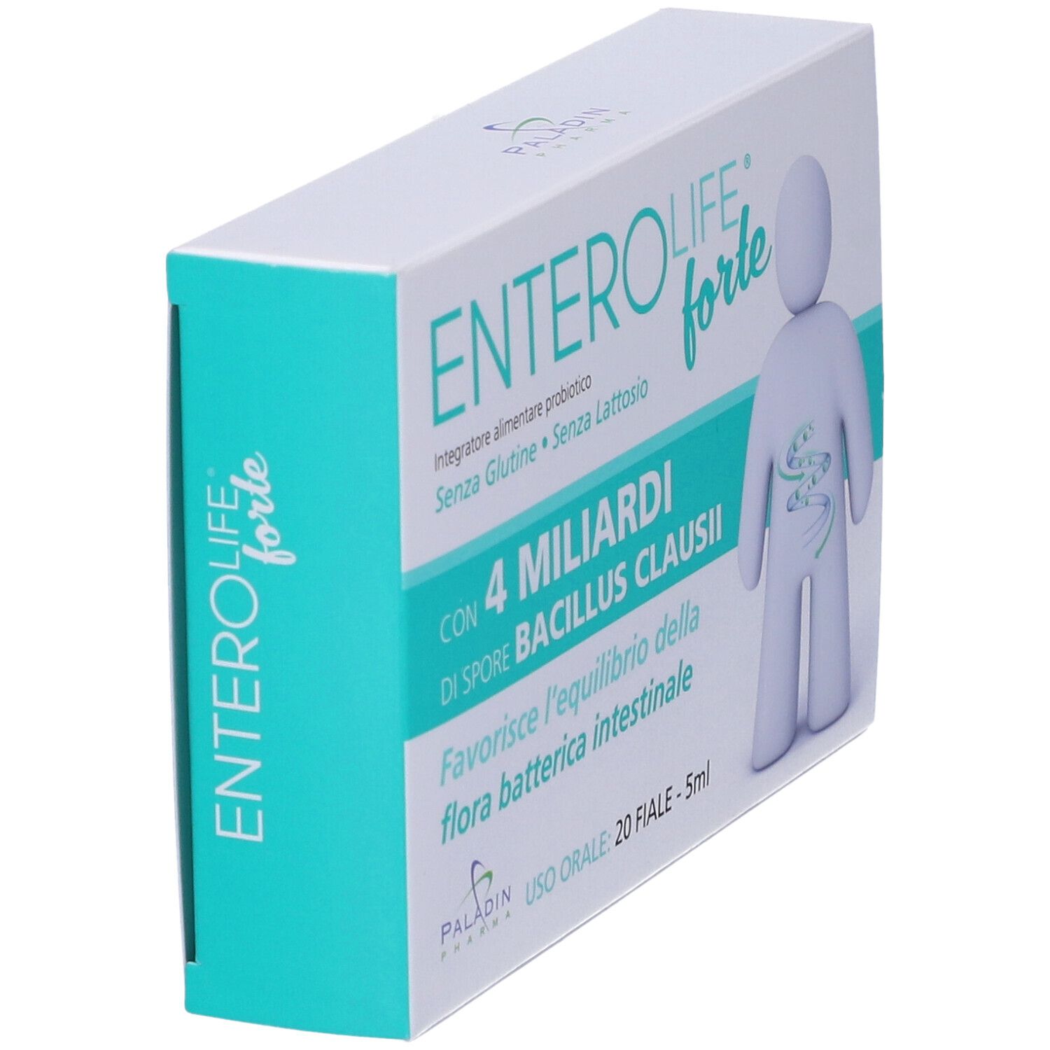 Confezione di ENTEROLIFE forte in prospettiva. Contiene 20 fiale. Scritta: 4 miliardi di spore di Bacillus Clausii. Senza glutine e lattosio.