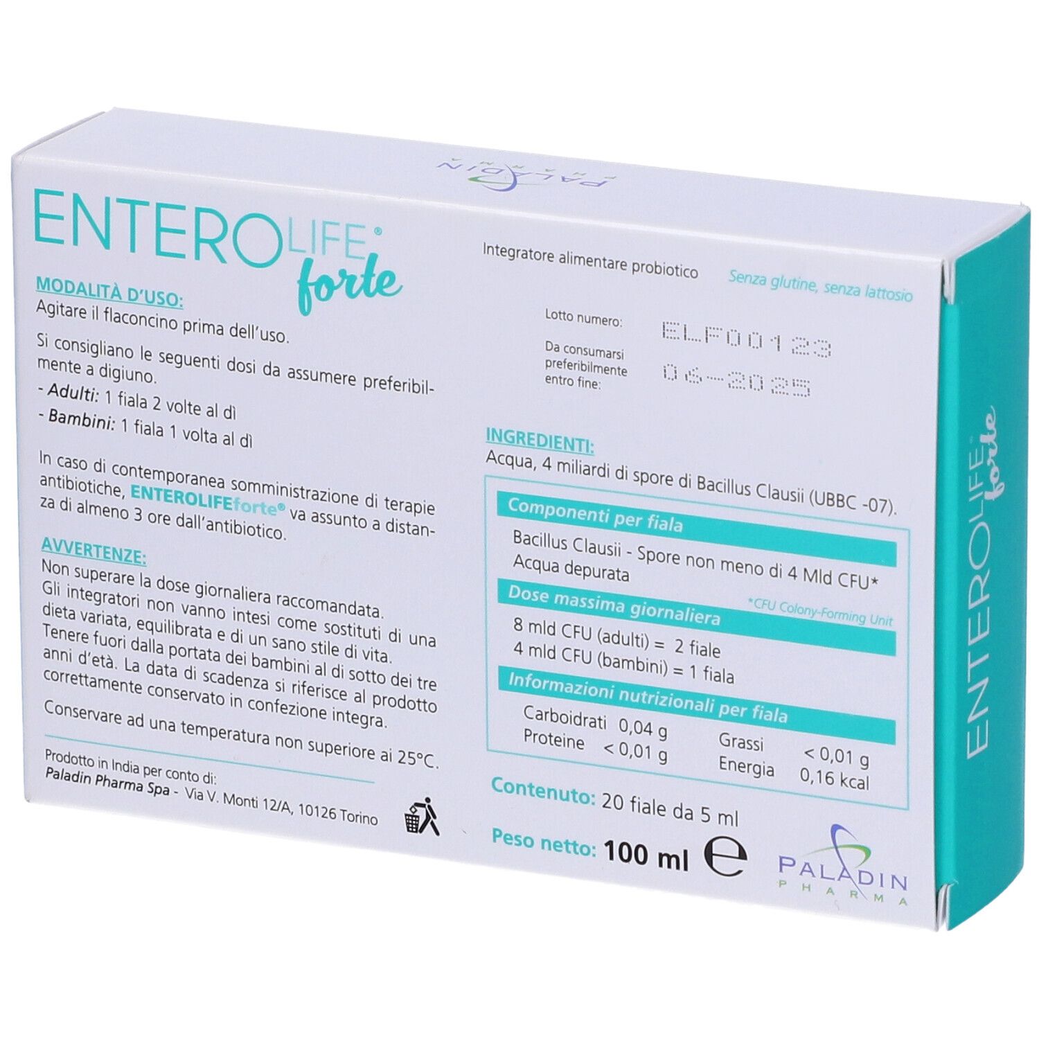 Retro della confezione ENTEROLIFE forte. Contiene informazioni su ingredienti, dosaggio e valori nutrizionali. 20 fiale, 5 ml.