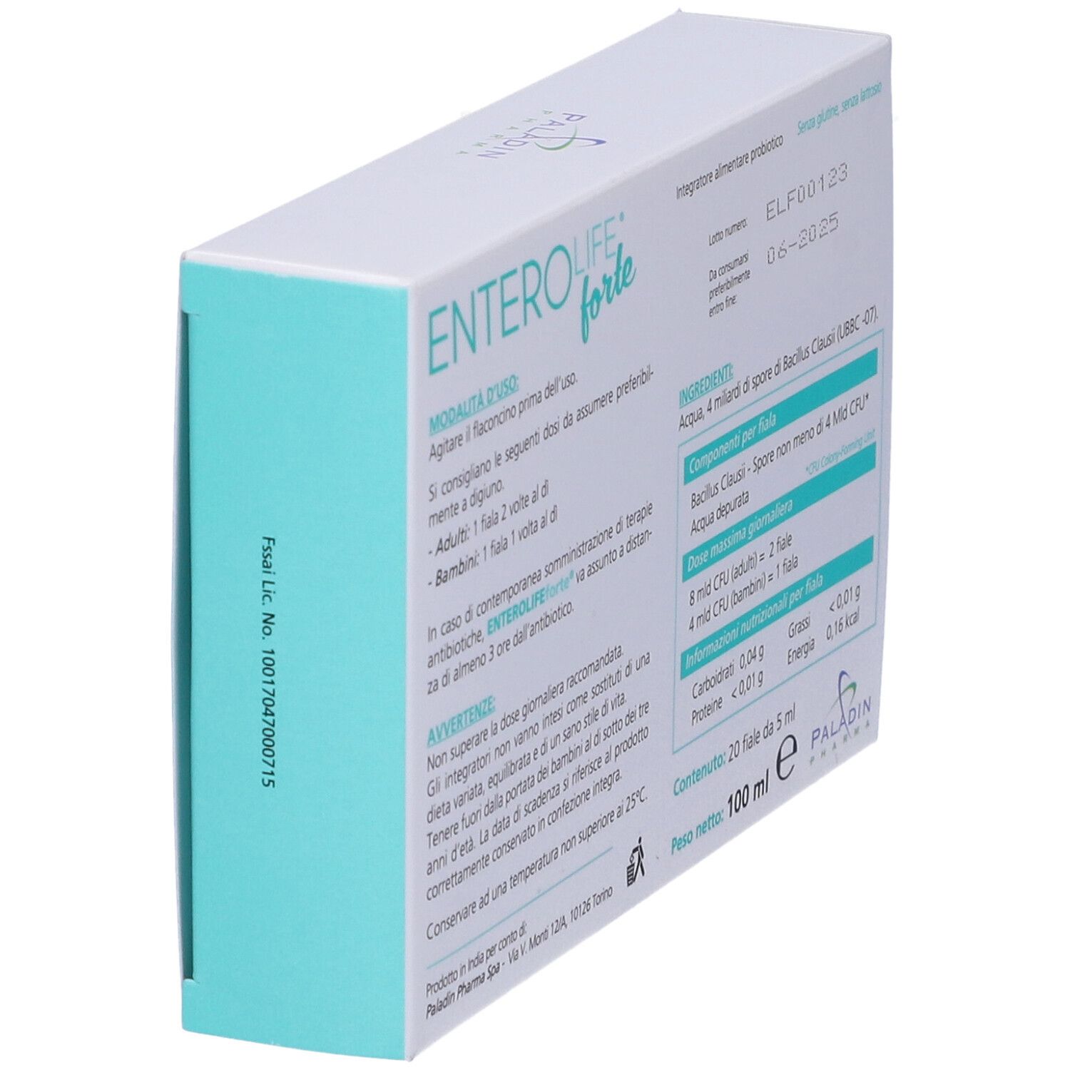 Retro della confezione ENTEROLIFE forte in prospettiva. Informazioni su ingredienti, dosaggio e valori nutrizionali. 20 fiale, 5 ml.