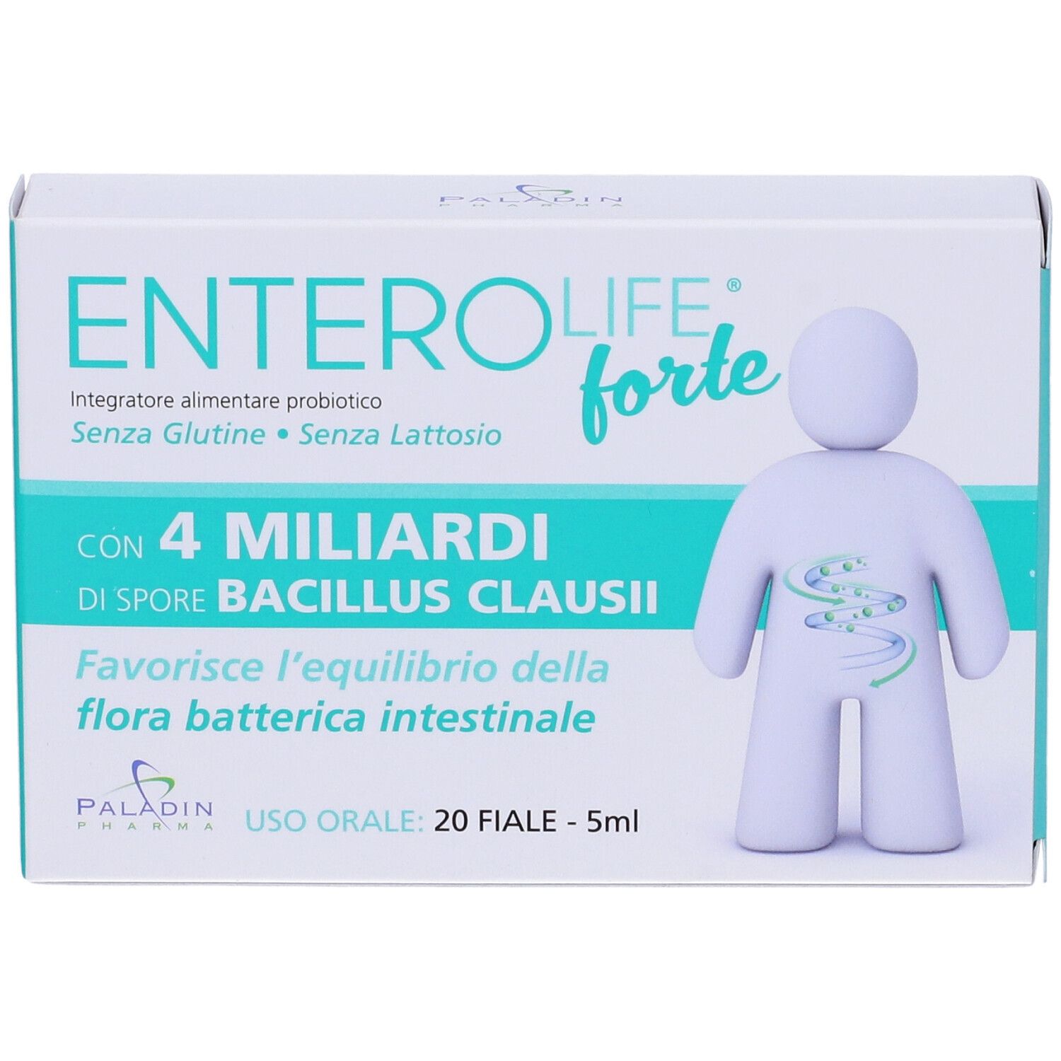 Confezione di ENTEROLIFE forte. Contiene 20 fiale. Scritta: 4 miliardi di spore di Bacillus Clausii. Senza glutine e lattosio.