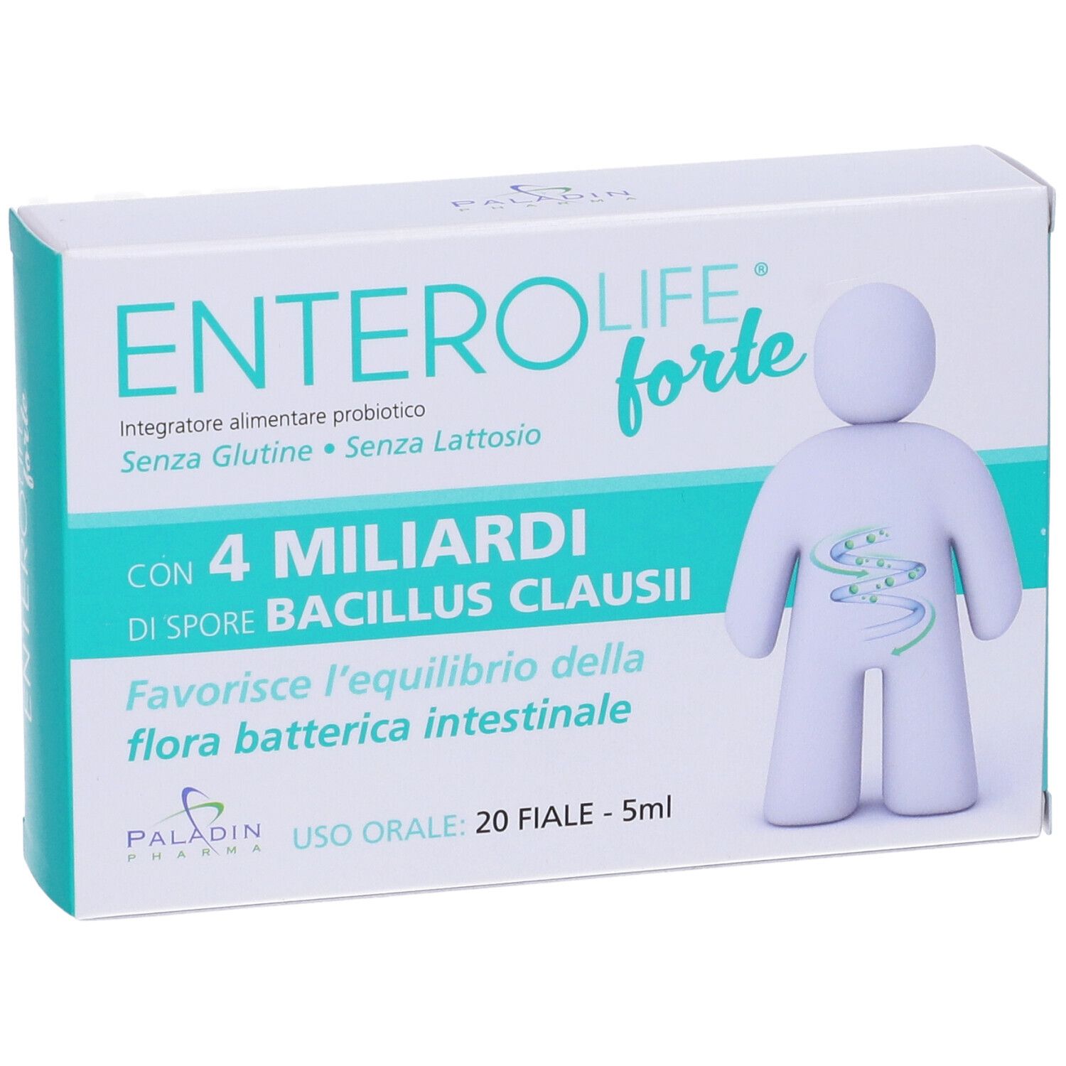 Confezione di ENTEROLIFE forte. Contiene 20 fiale. Scritta: 4 miliardi di spore di Bacillus Clausii. Senza glutine e lattosio.
