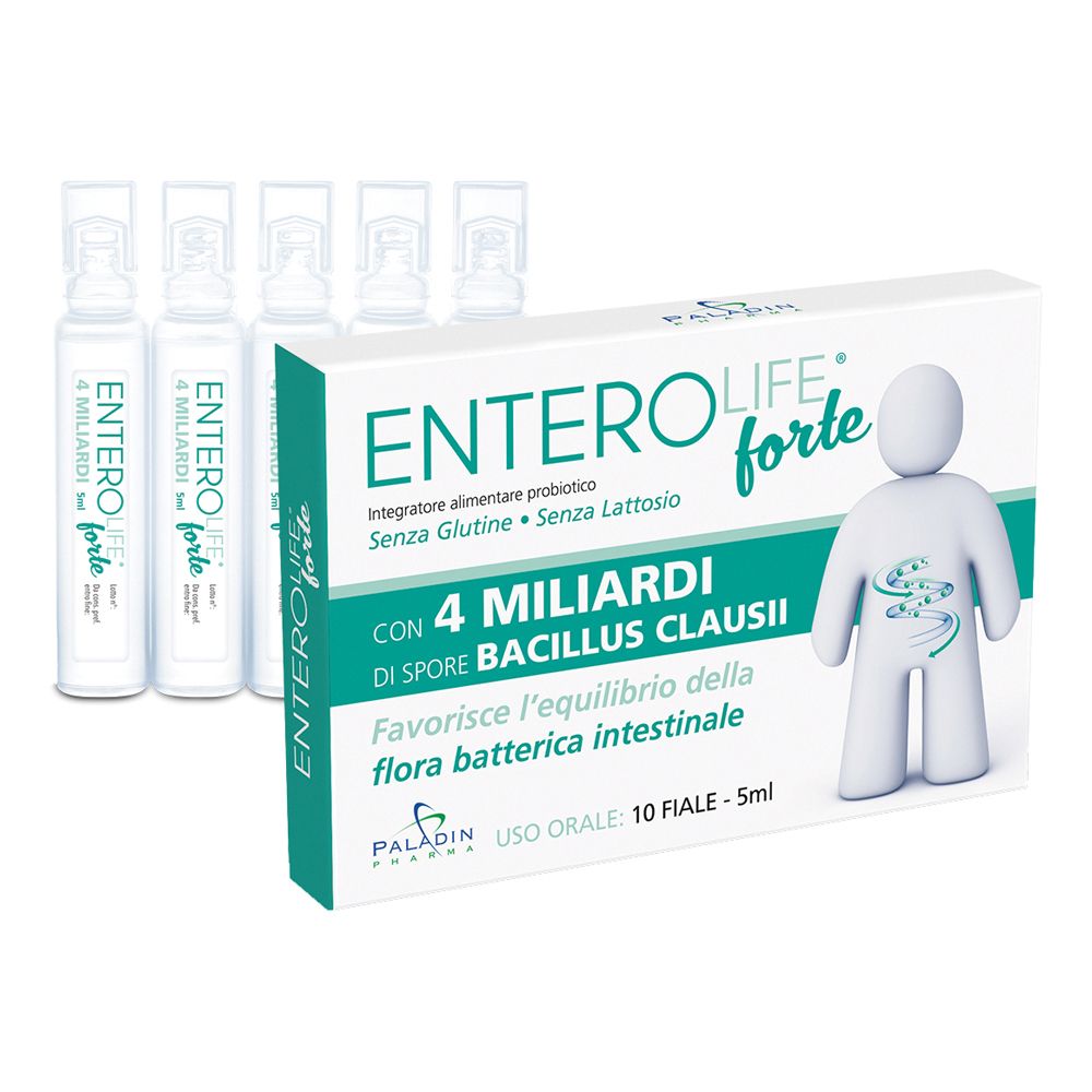 Scatola con fiale. Scritta: ENTEROLIFE forte, 4 miliardi Bacillus Clausii. 10 fiale, 5 ml. Paladin Pharma.