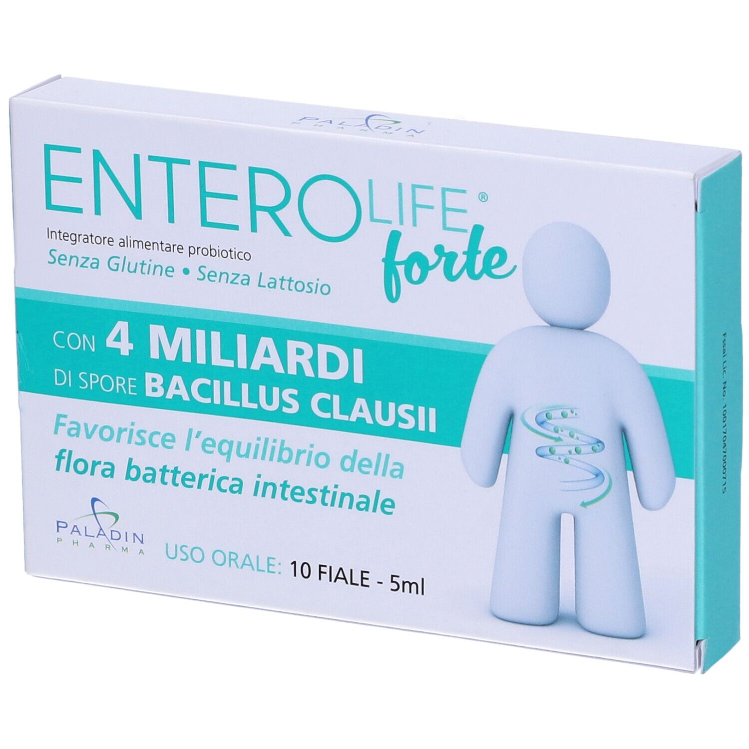 Scatola bianca con scritta ENTEROLIFE forte, 4 miliardi Bacillus Clausii. 10 fiale, 5 ml. Illustrazione di una figura.
