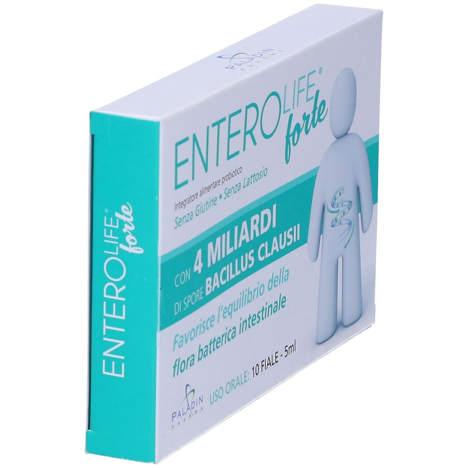 Scatola ENTEROLIFE forte, 4 miliardi Bacillus Clausii. 10 fiale, 5 ml. Illustrazione figura. Paladin Pharma.