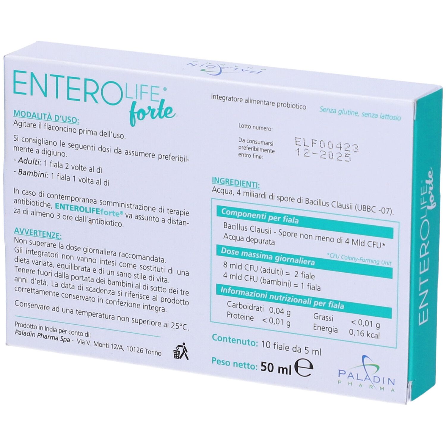 Retro della scatola ENTEROLIFE forte. Testo: ingredienti, dosaggio, informazioni nutrizionali. 10 fiale, 5 ml. Paladin Pharma.