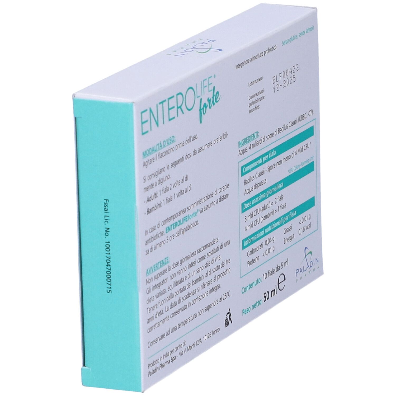 Retro della scatola ENTEROLIFE forte. Testo: ingredienti, dosaggio, informazioni nutrizionali. 10 fiale, 5 ml. Paladin Pharma.