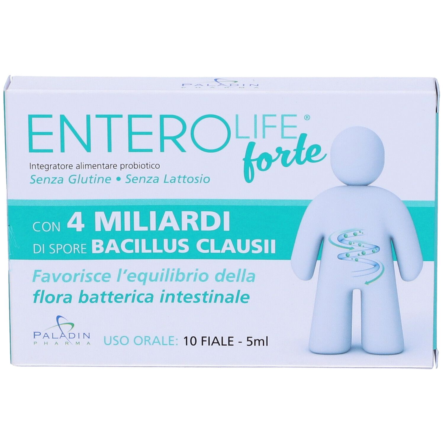 Scatola ENTEROLIFE forte, 4 miliardi Bacillus Clausii. 10 fiale, 5 ml. Illustrazione figura. Paladin Pharma.