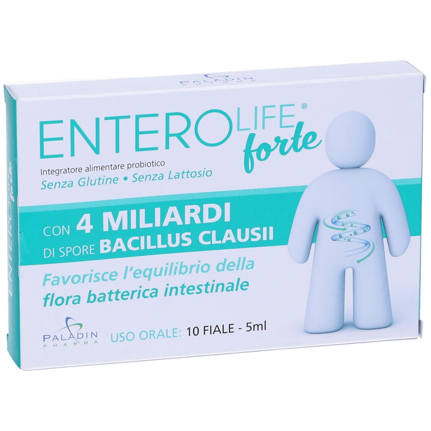 Scatola ENTEROLIFE forte, 4 miliardi Bacillus Clausii. 10 fiale, 5 ml. Illustrazione figura. Paladin Pharma.
