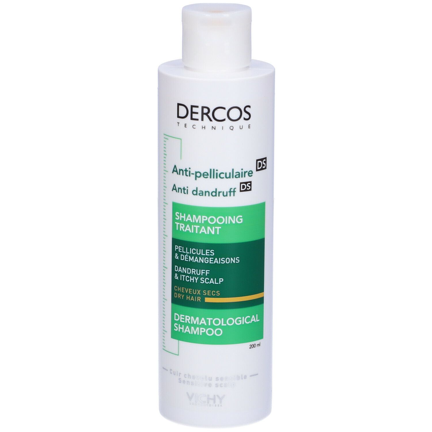 Shampoo bianco con etichetta verde. Scritta: Dercos Technique, Anti-pelliculaire, Shampoo dermatologico.