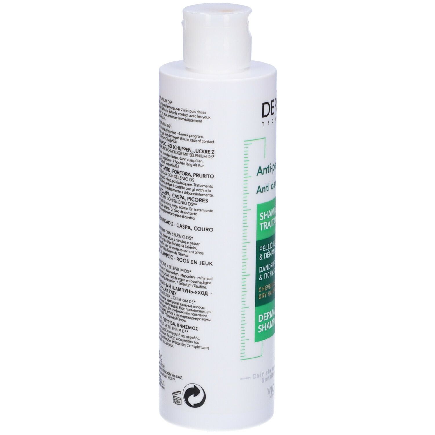 Retro di una bottiglia di shampoo. Testo in più lingue. Scritta: Dercos Technique, Anti-forfora, Shampoo dermatologico.